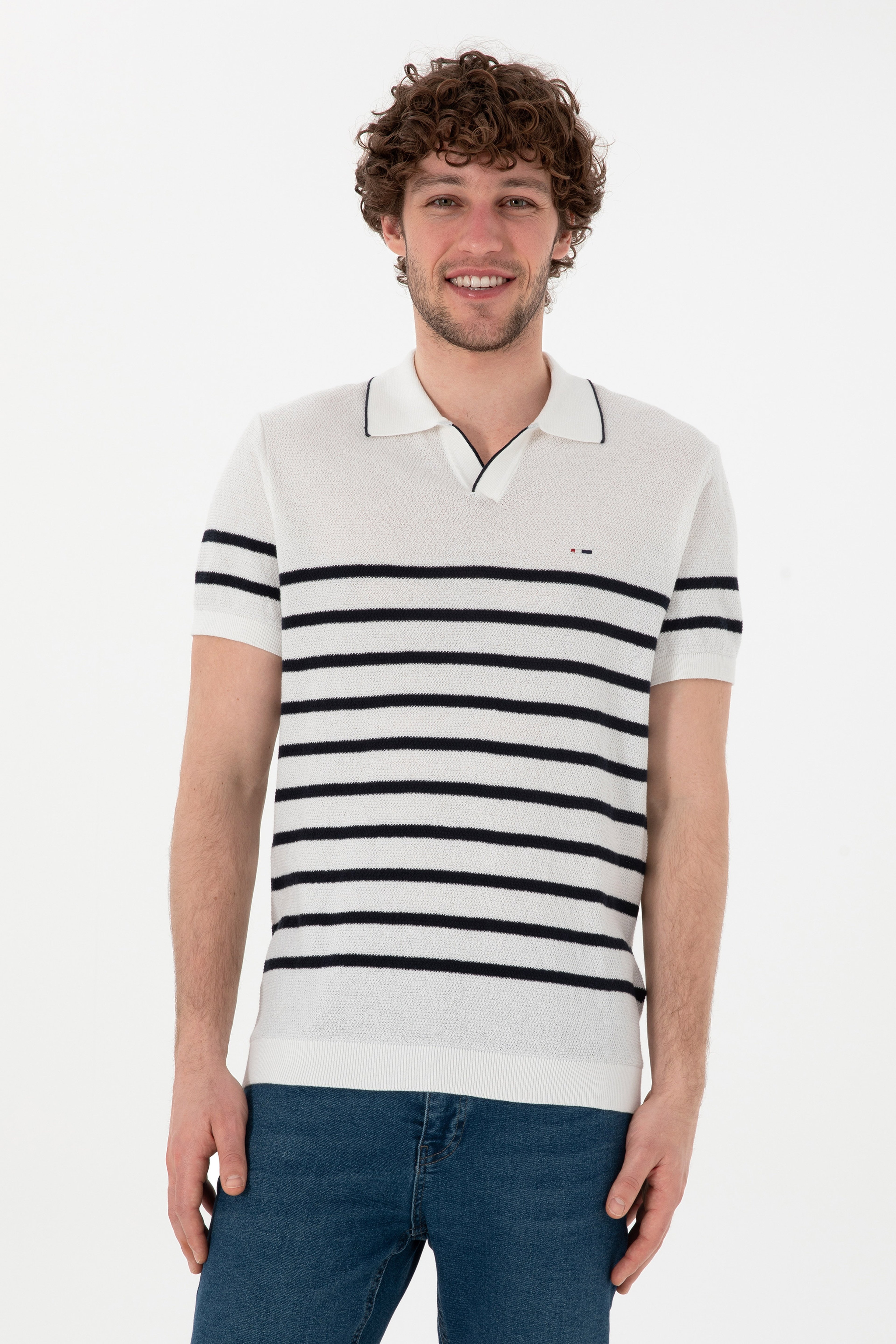 Erkek Slim Fit Polo Yaka Beyaz Tişört - Image 1