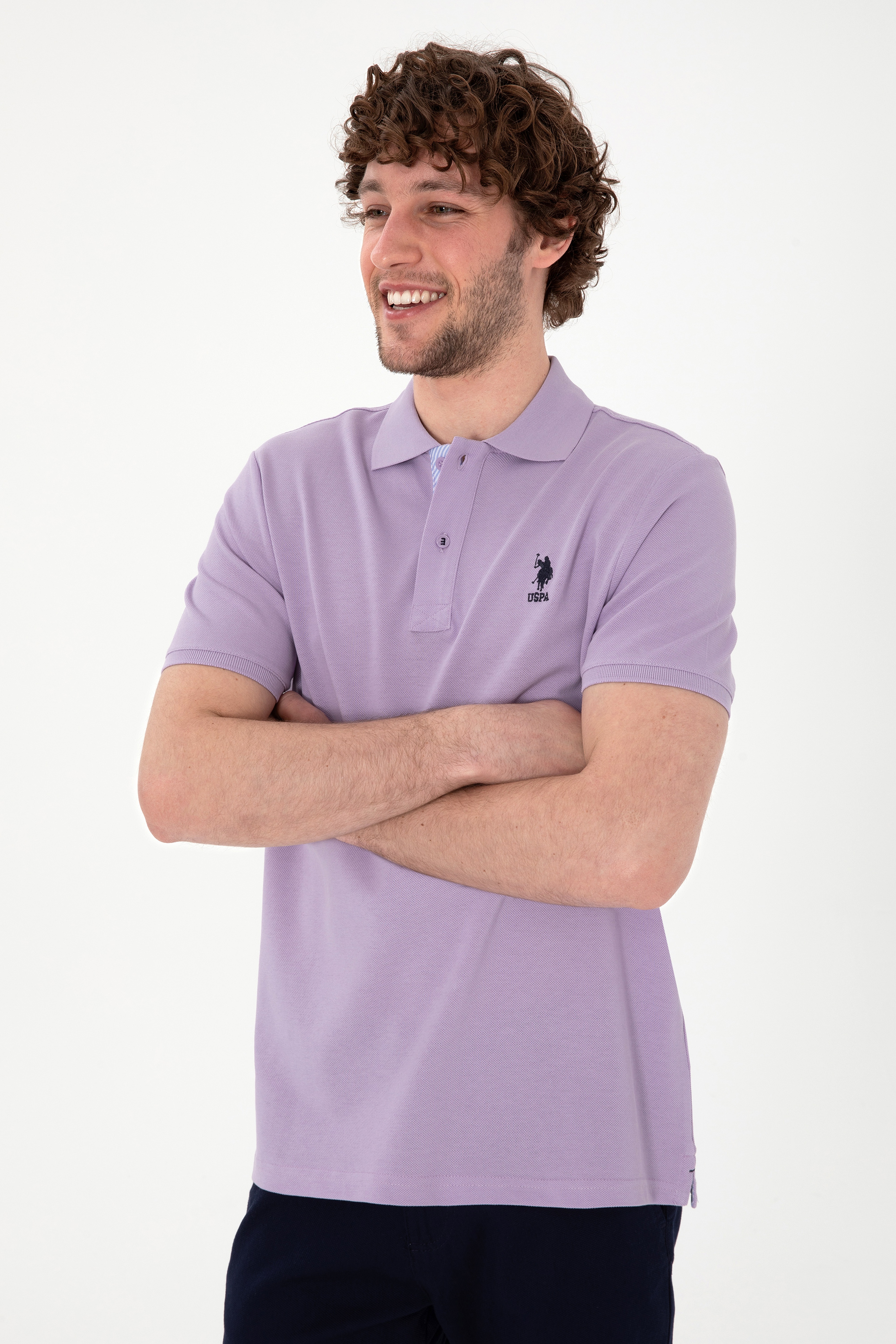 Erkek Regular Fit Polo Yaka Lila Basic Tişört - Image 3