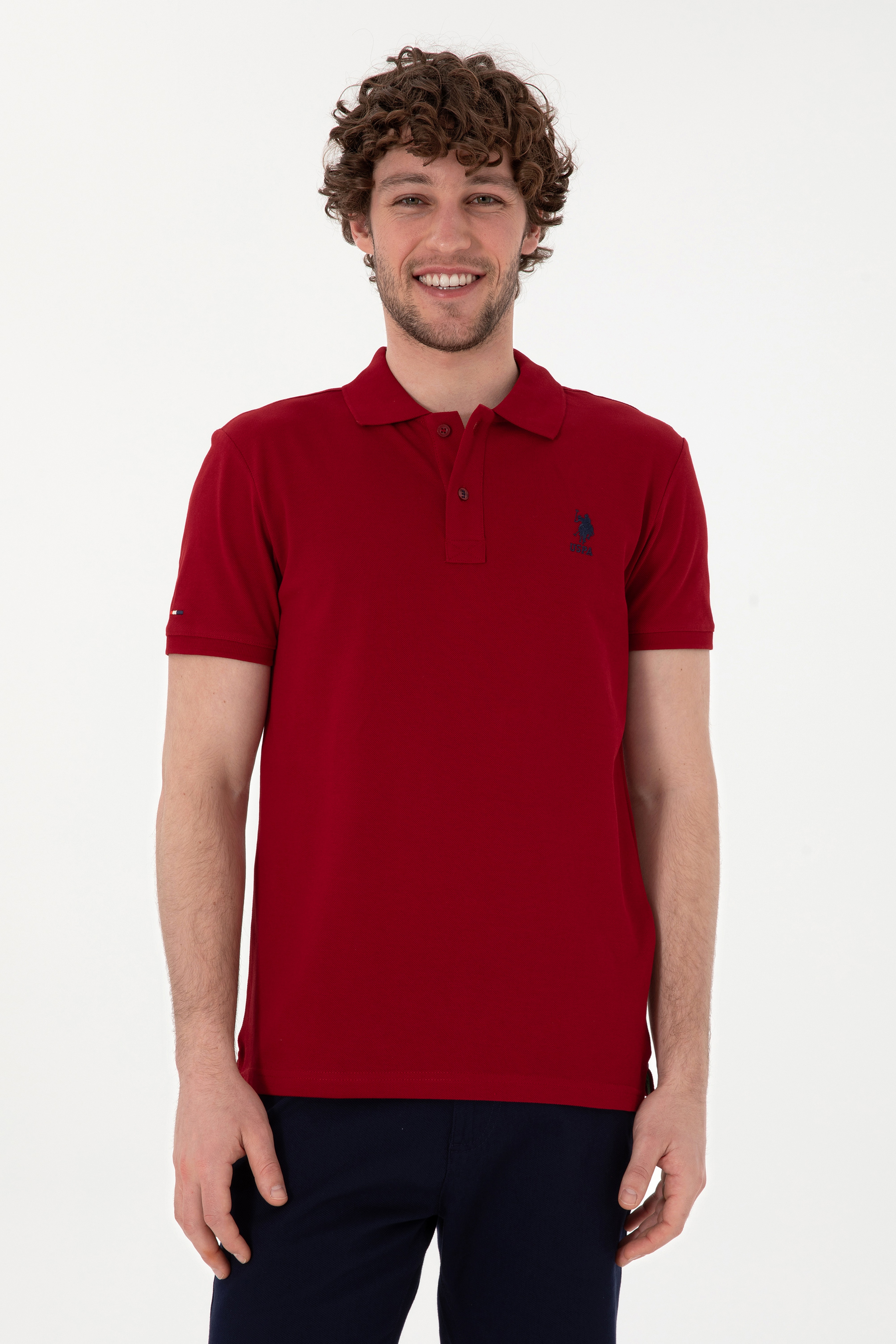 Erkek Slim Fit Polo Yaka Bordo Basic Tişört - Image 1