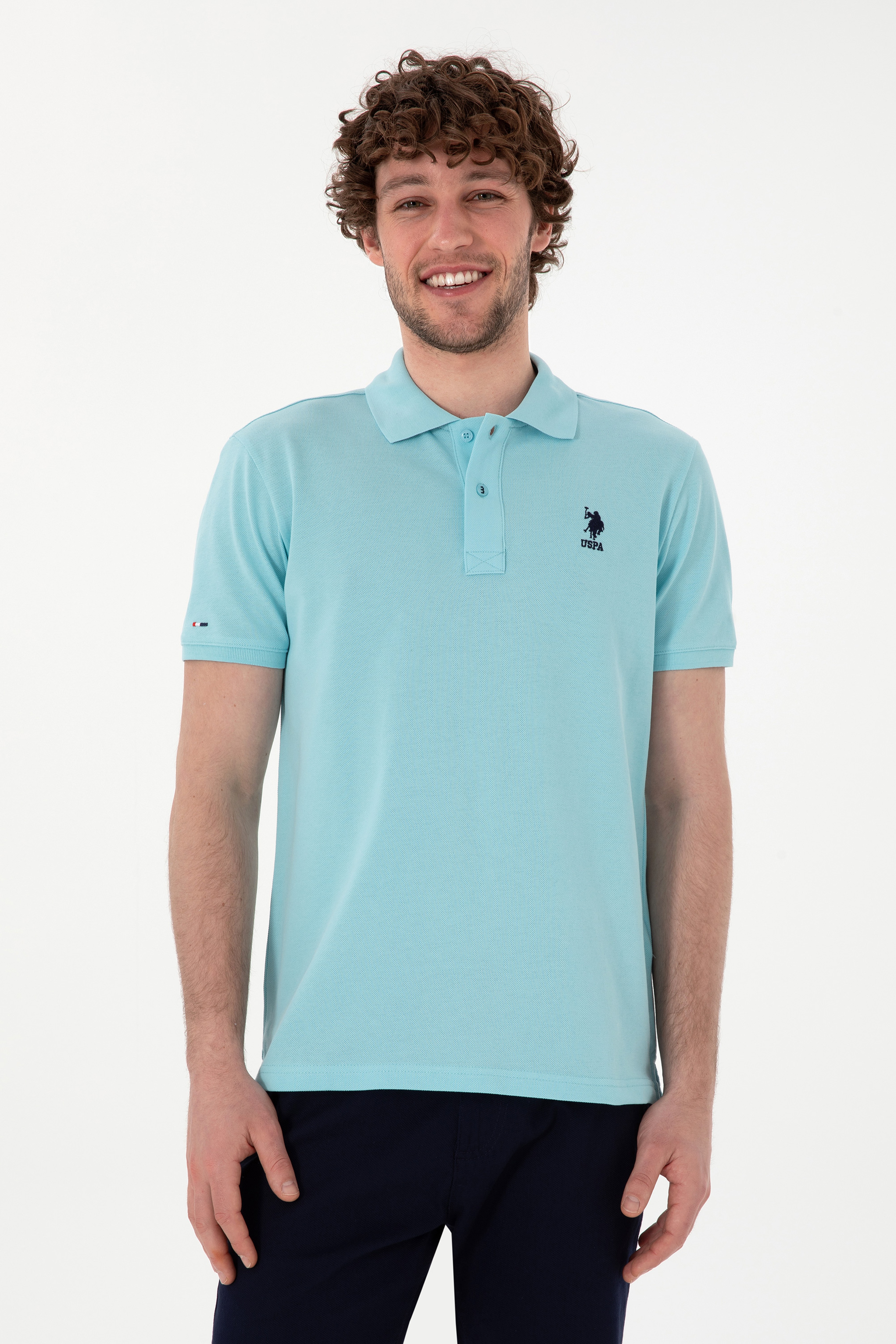 Erkek Slim Fit Polo Yaka Açık Mavi Basic Tişört - Image 1