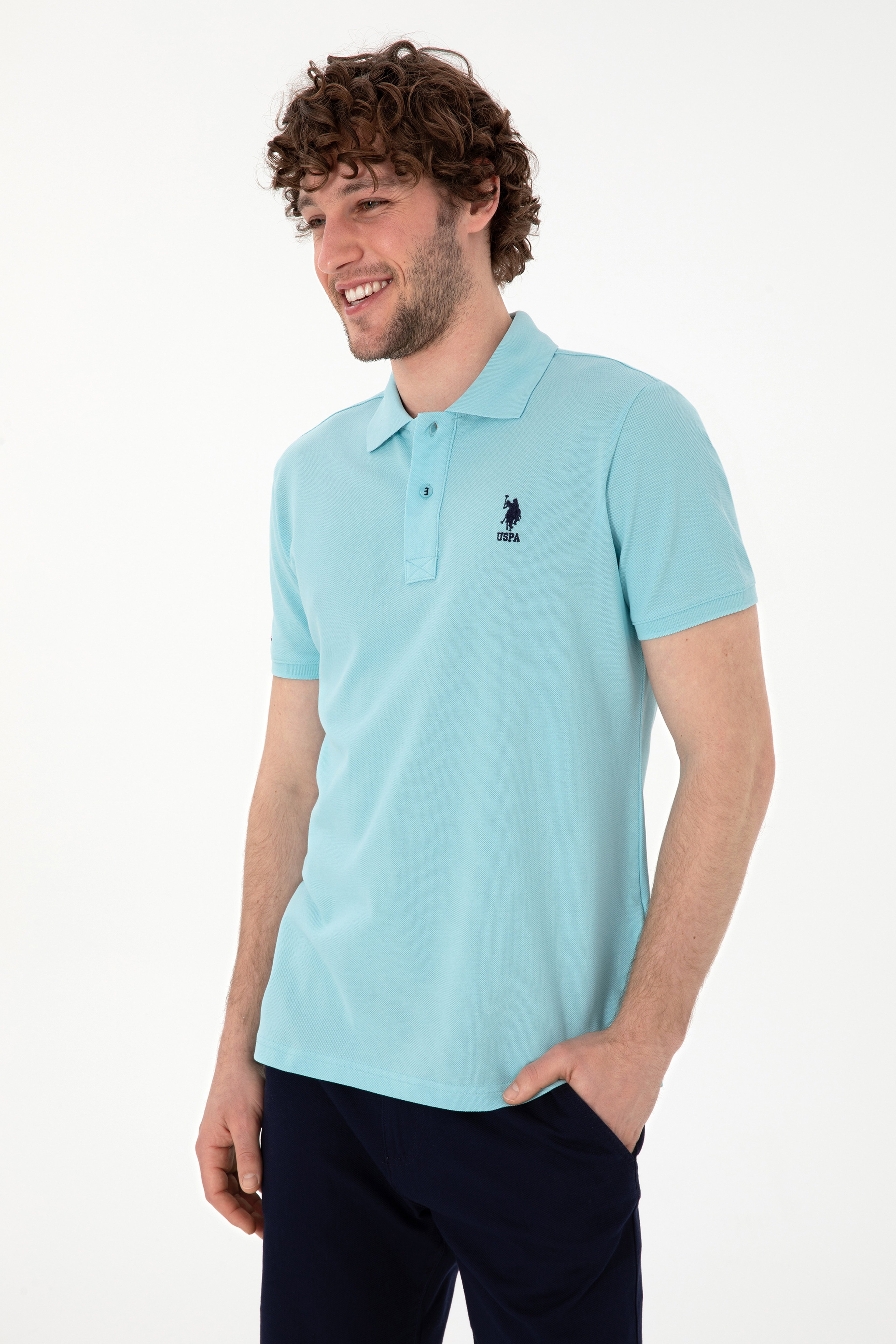 Erkek Slim Fit Polo Yaka Açık Mavi Basic Tişört - Image 3