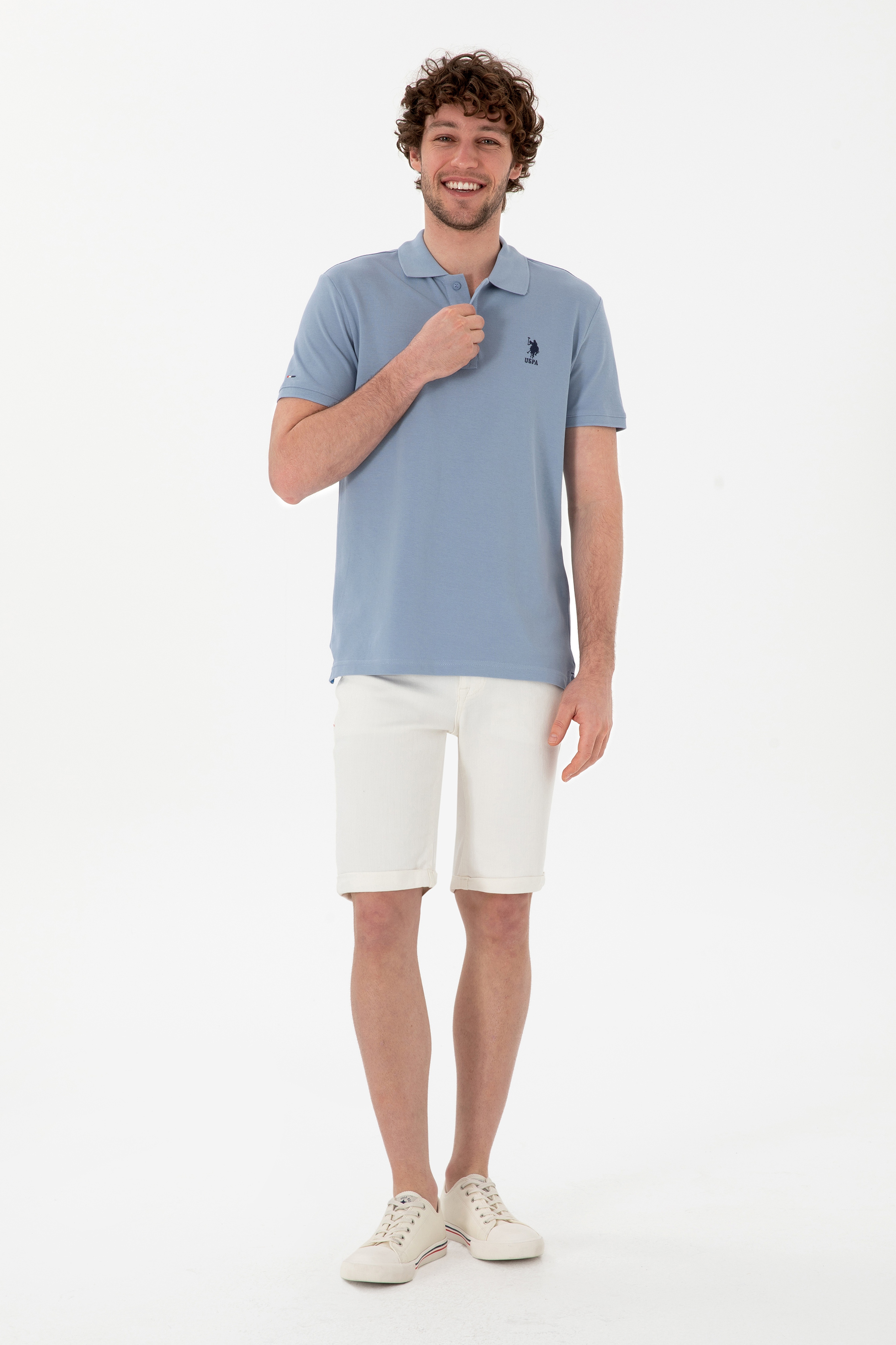 Erkek Slim Fit Polo Yaka Mavi Basic Tişört - Image 4