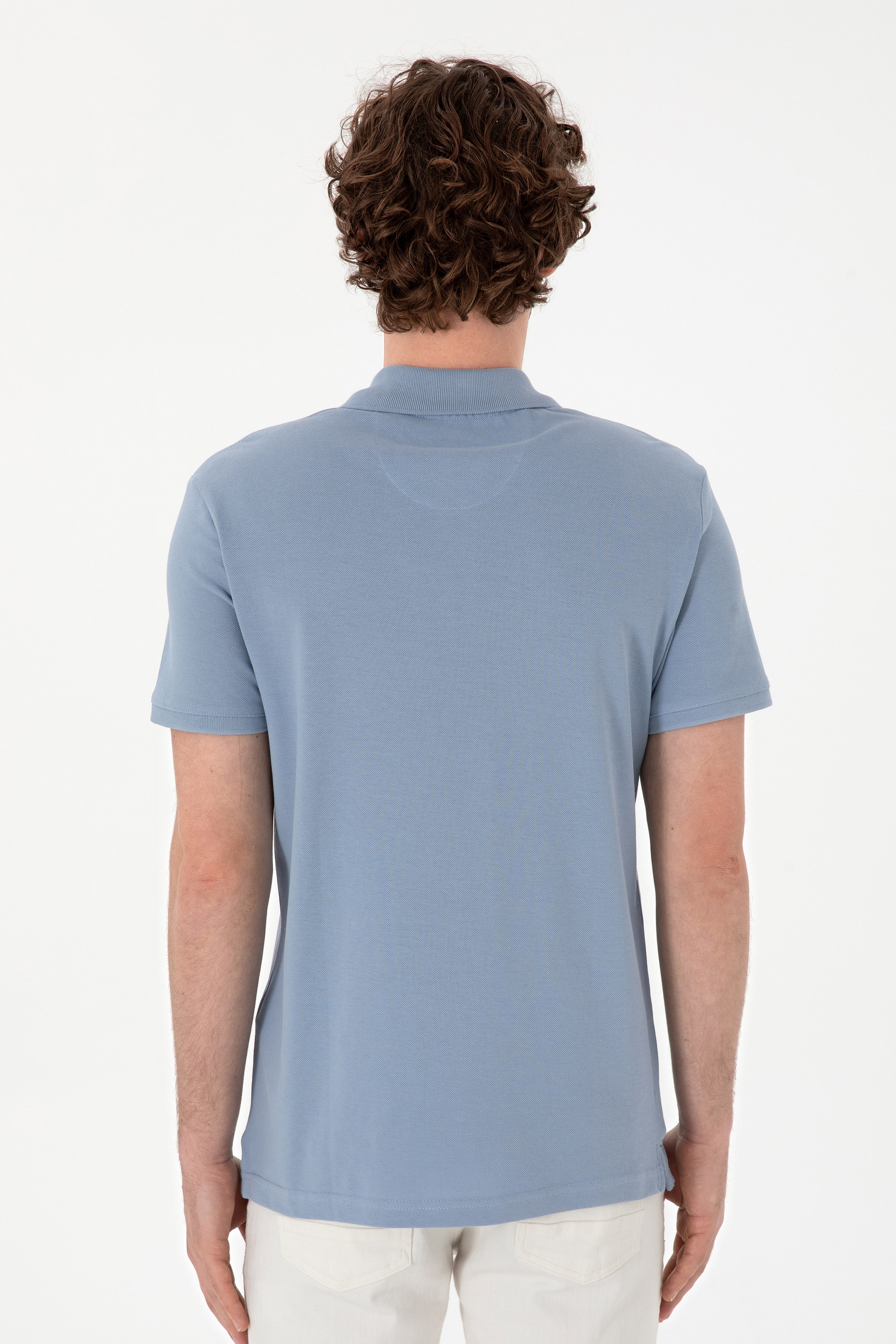 Erkek Slim Fit Polo Yaka Mavi Basic Tişört