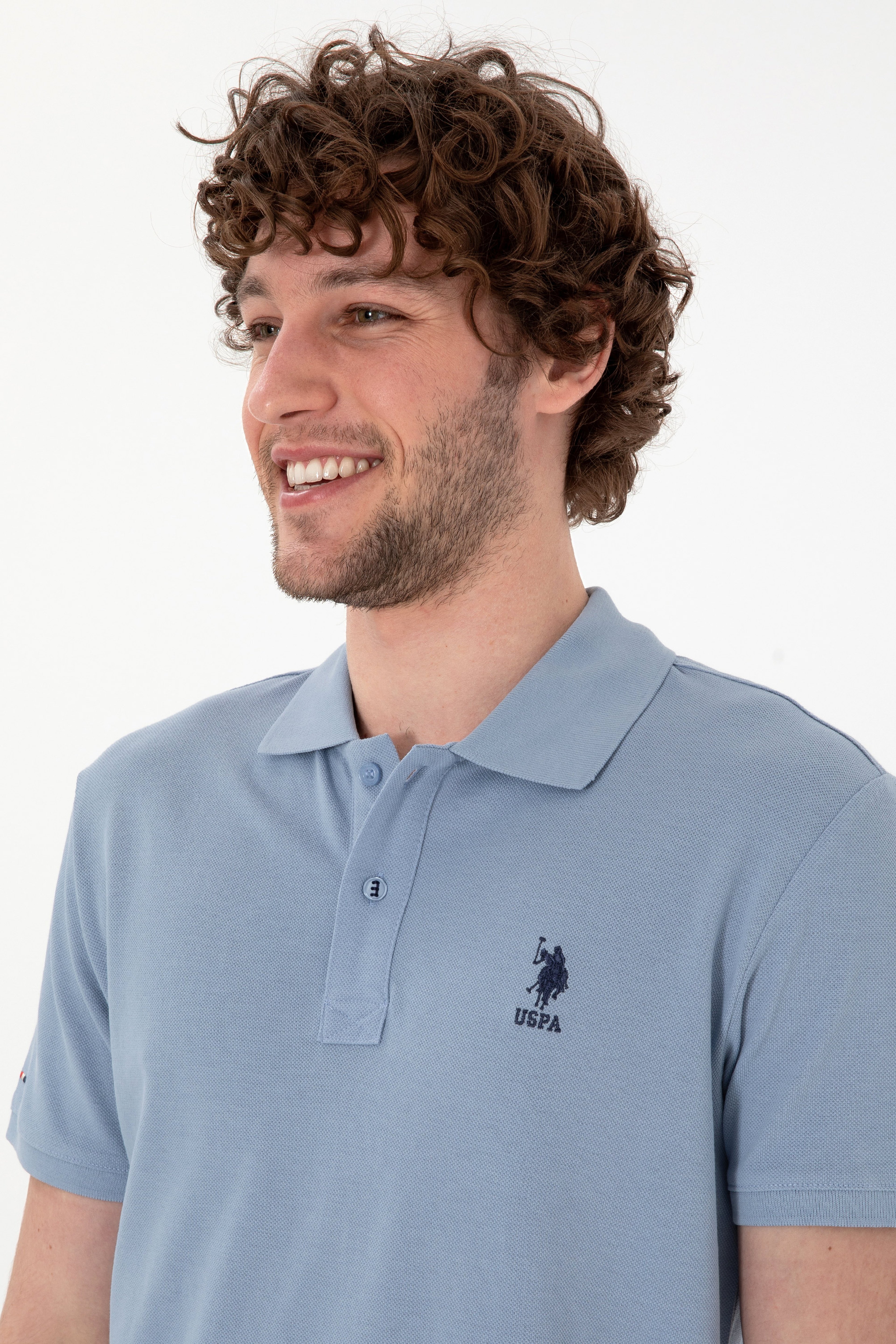 Erkek Slim Fit Polo Yaka Mavi Basic Tişört - Image 2