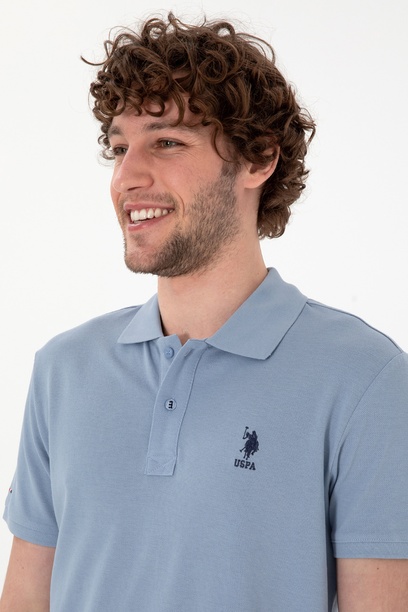 Erkek Slim Fit Polo Yaka Mavi Basic Tişört