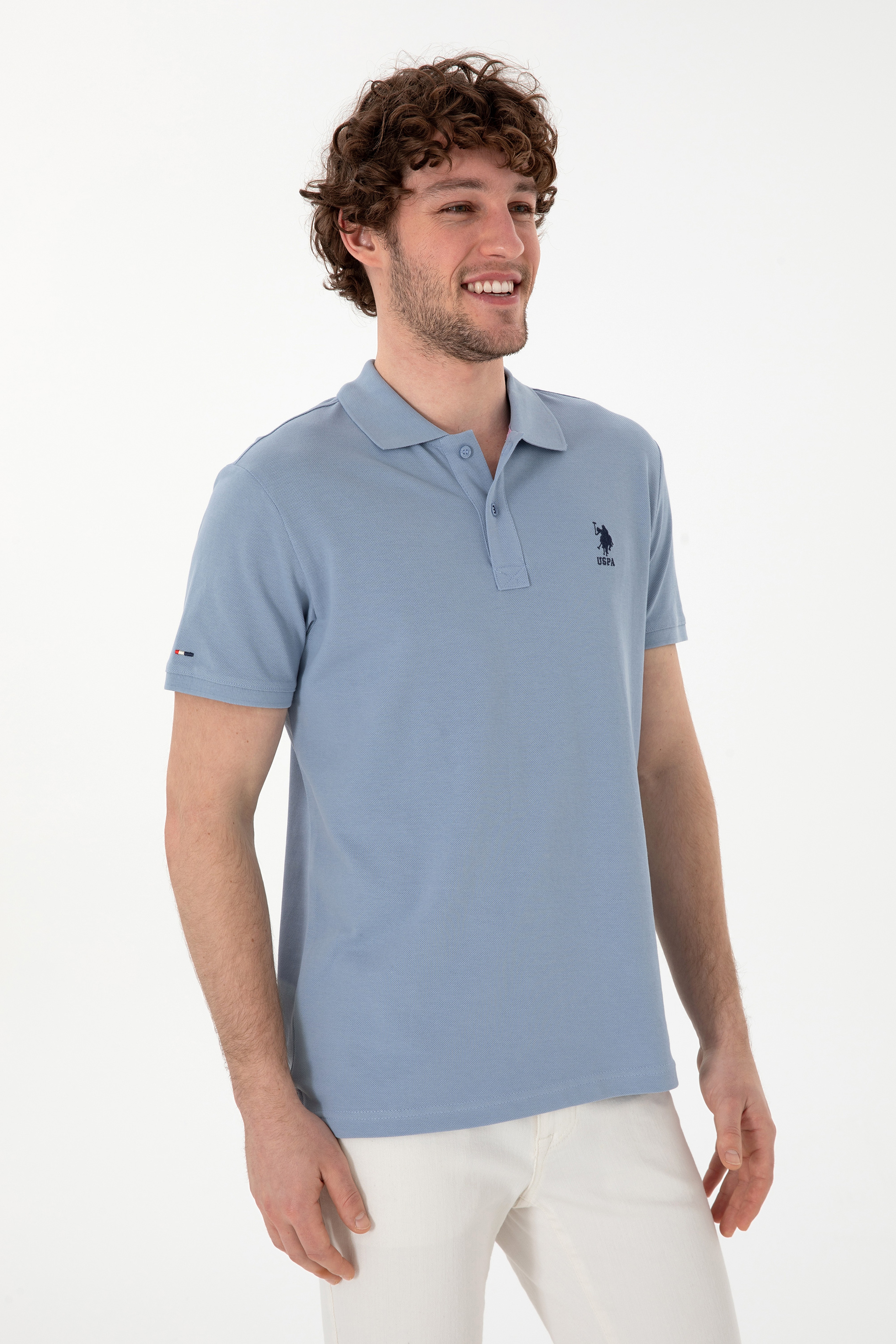 Erkek Slim Fit Polo Yaka Mavi Basic Tişört