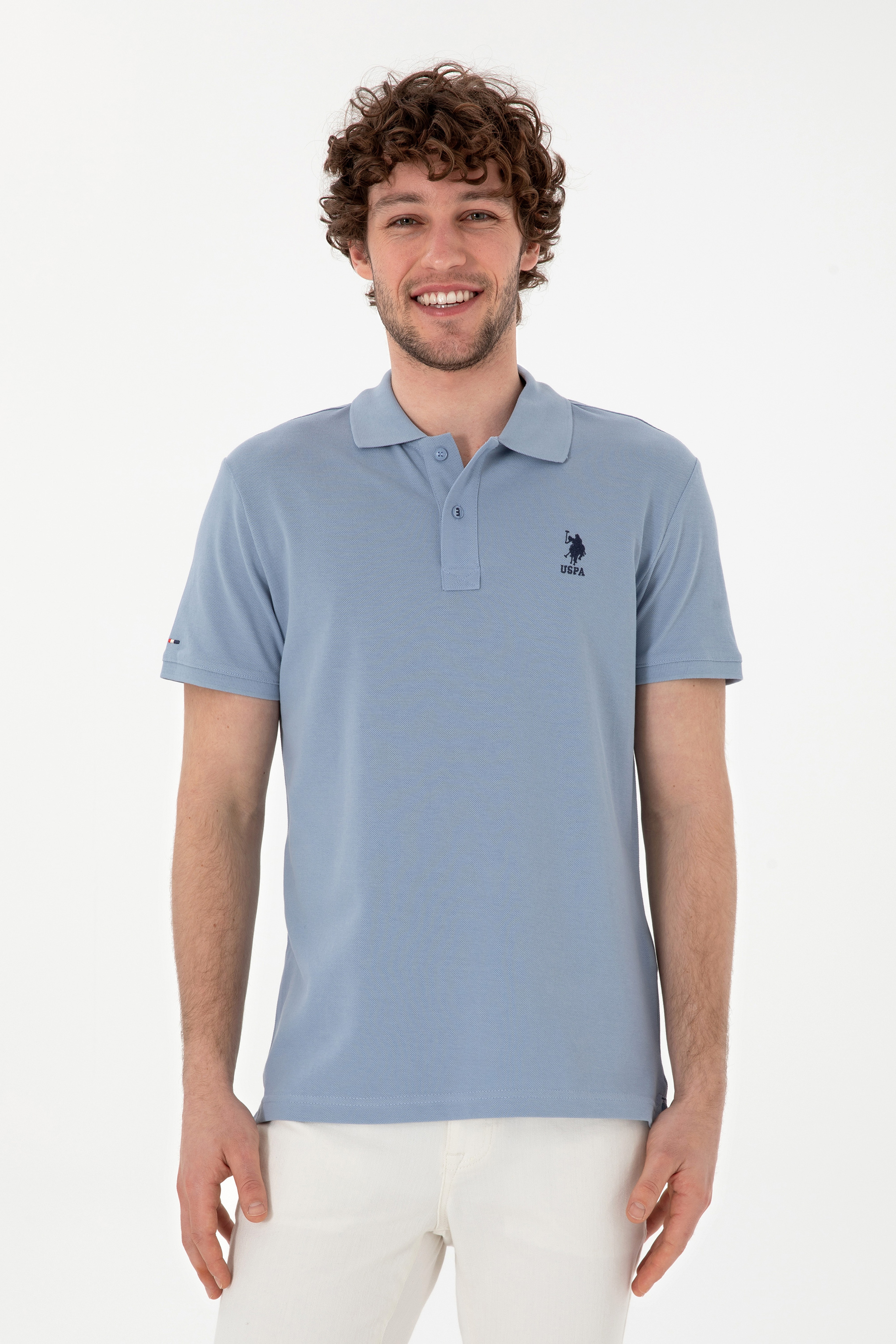 Erkek Slim Fit Polo Yaka Mavi Basic Tişört - Image 1