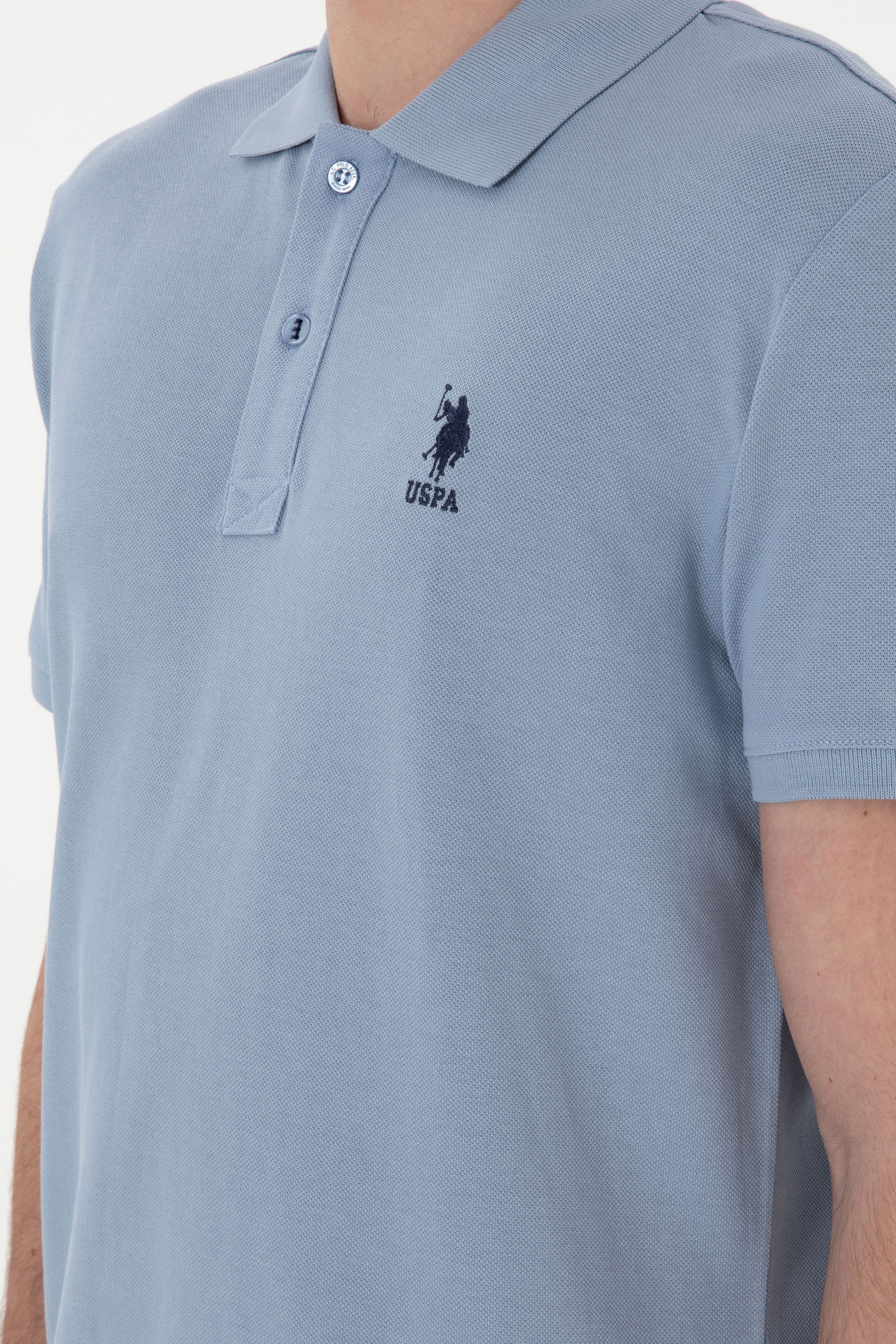 Erkek Slim Fit Polo Yaka Mavi Basic Tişört - Image 7