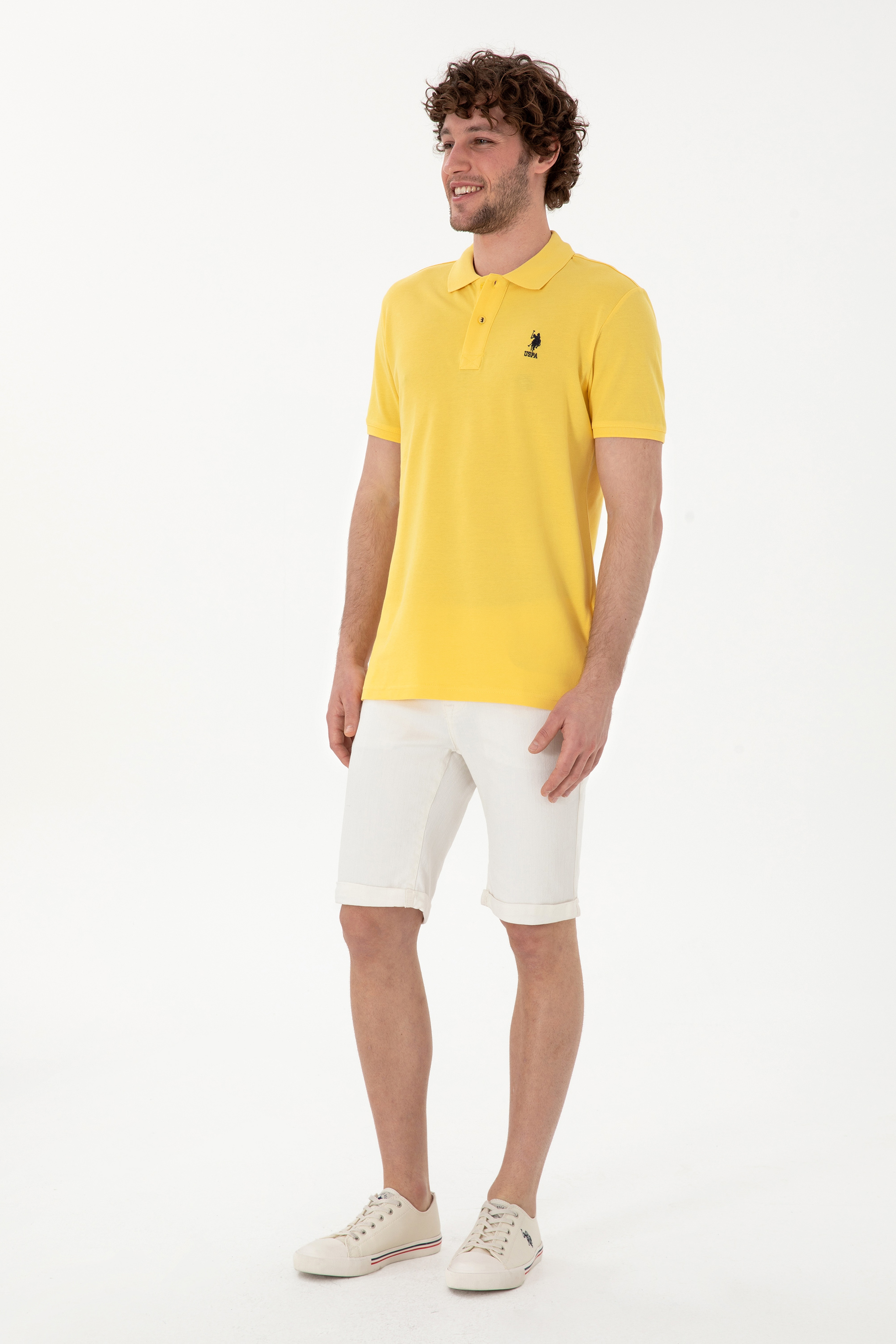 Erkek Slim Fit Polo Yaka Sarı Basic Tişört