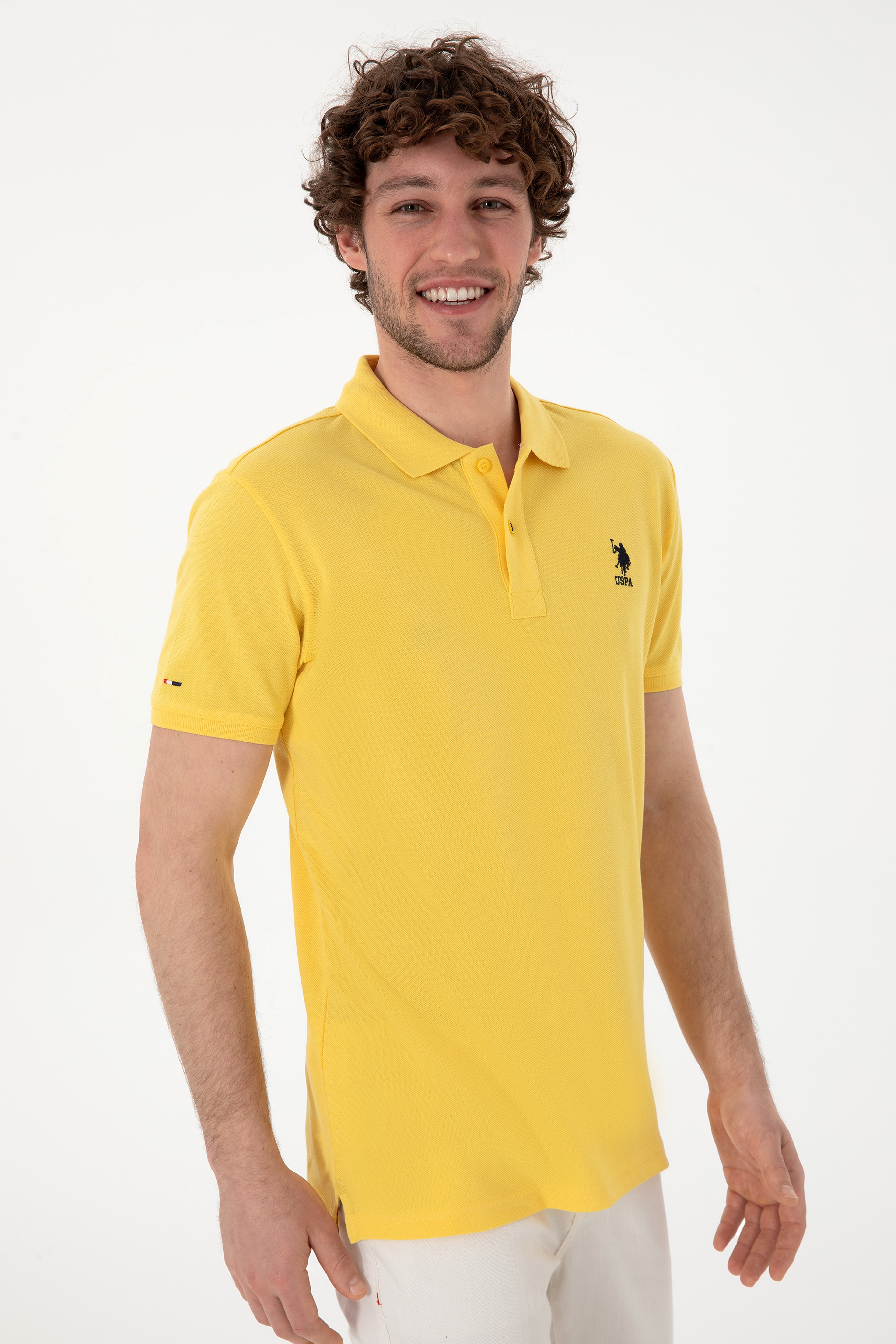 Erkek Slim Fit Polo Yaka Sarı Basic Tişört
