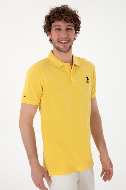 Erkek Slim Fit Polo Yaka Sarı Basic Tişört