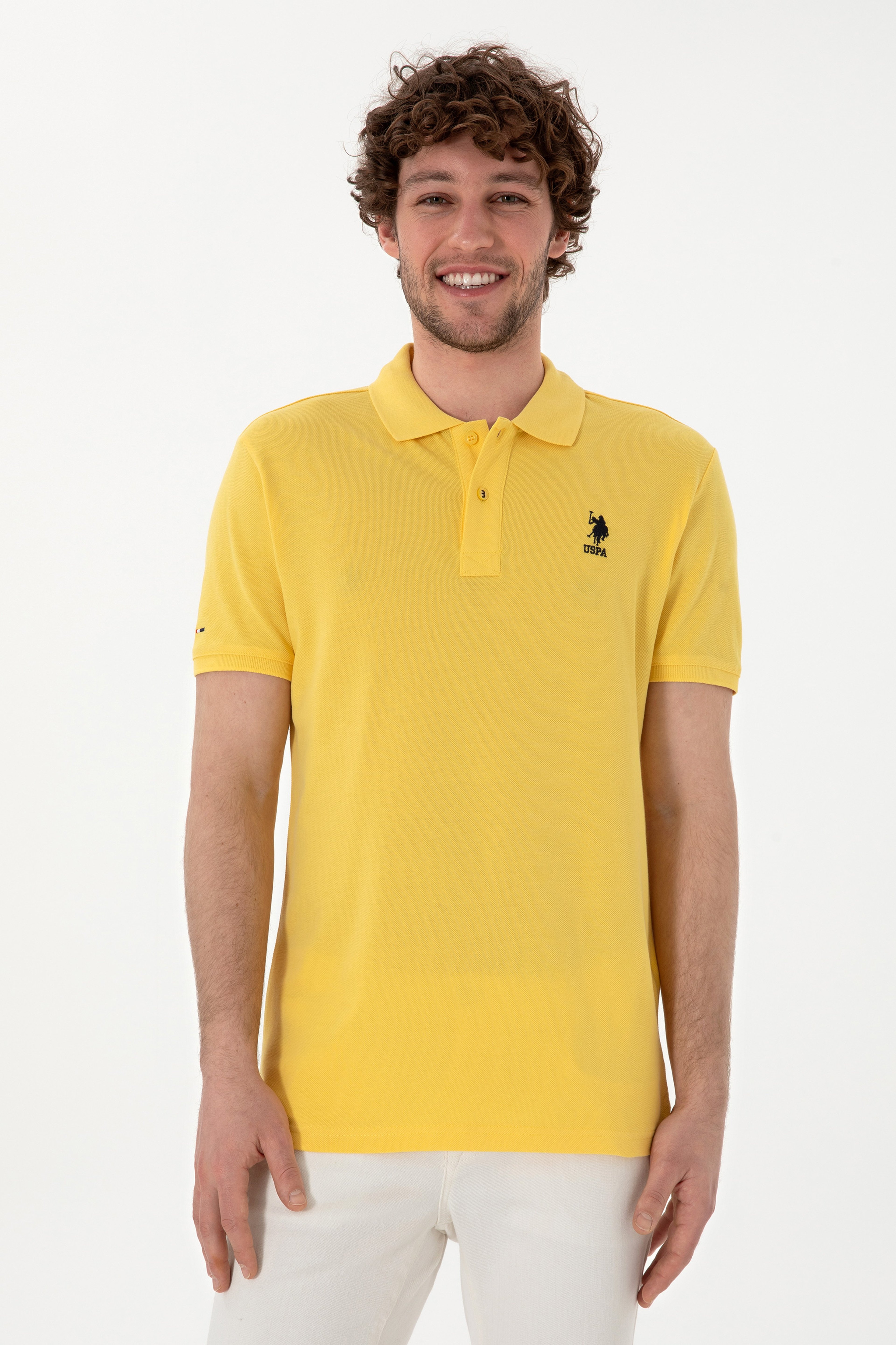 Erkek Slim Fit Polo Yaka Sarı Basic Tişört - Image 1