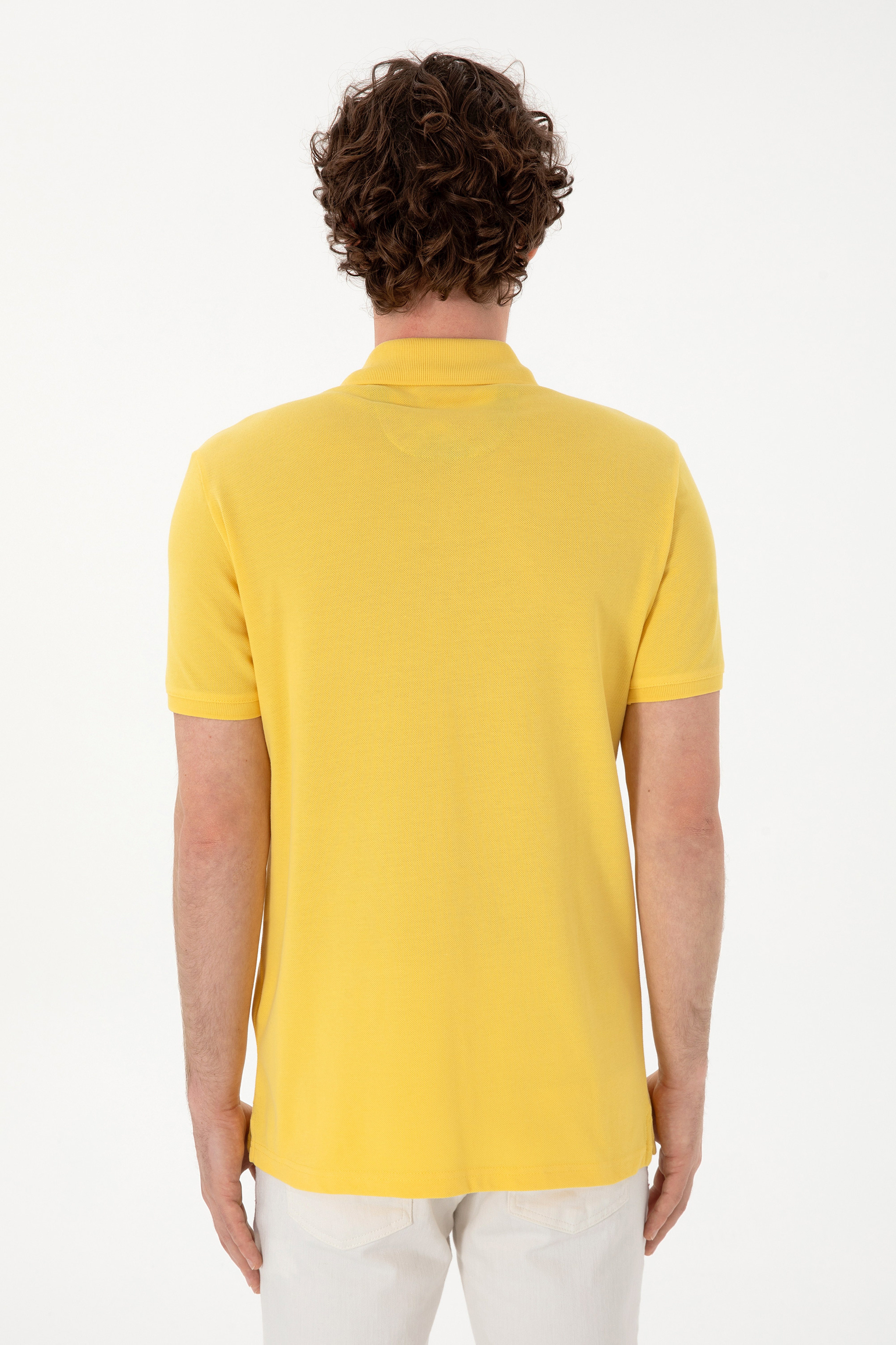 Erkek Slim Fit Polo Yaka Sarı Basic Tişört - Image 5