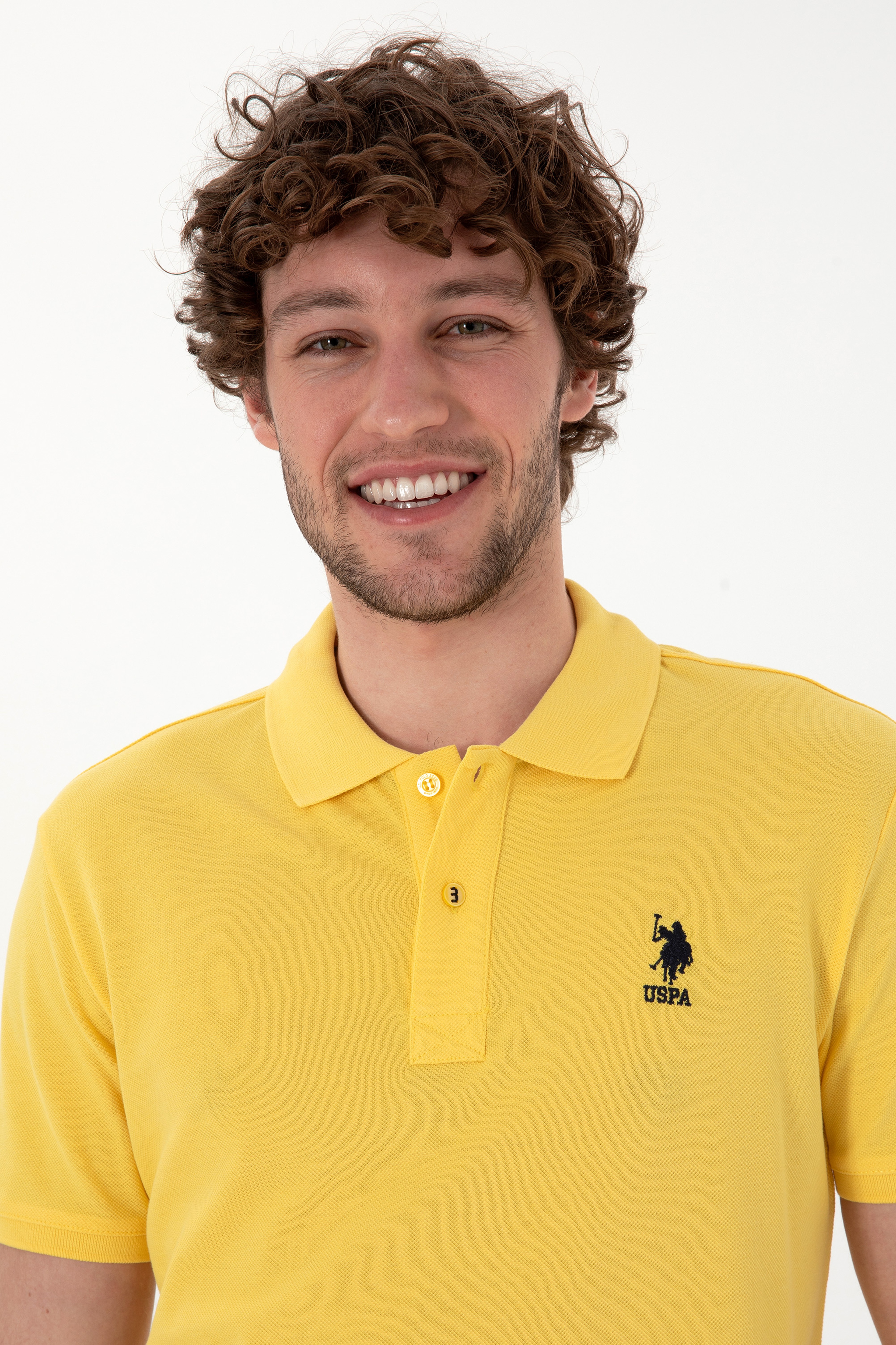 Erkek Slim Fit Polo Yaka Sarı Basic Tişört