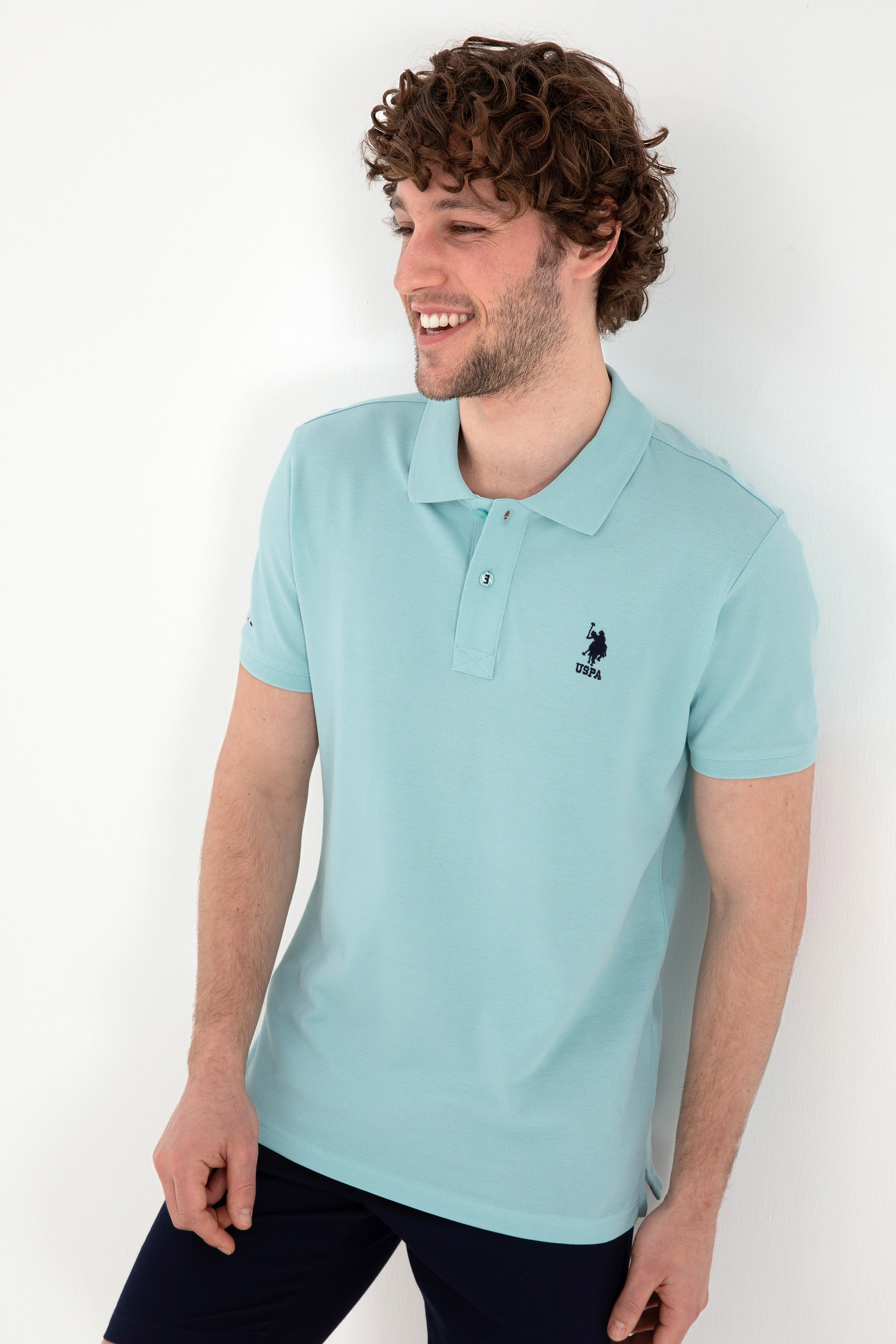 Erkek Slim Fit Polo Yaka Açık Mavi Basic Tişört - Image 3