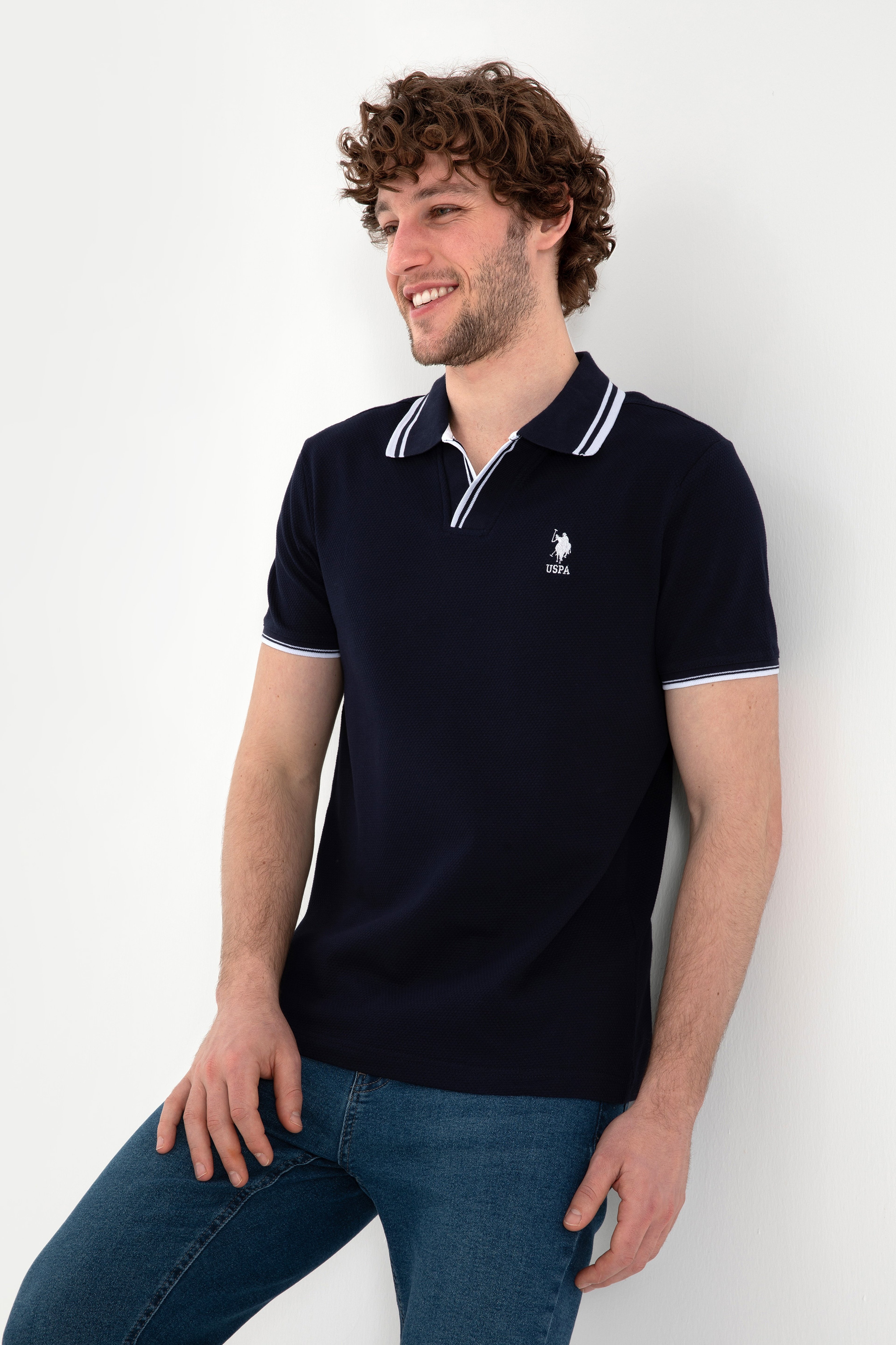 Erkek Slim Fit Polo Yaka Lacivert Tişört - Image 3