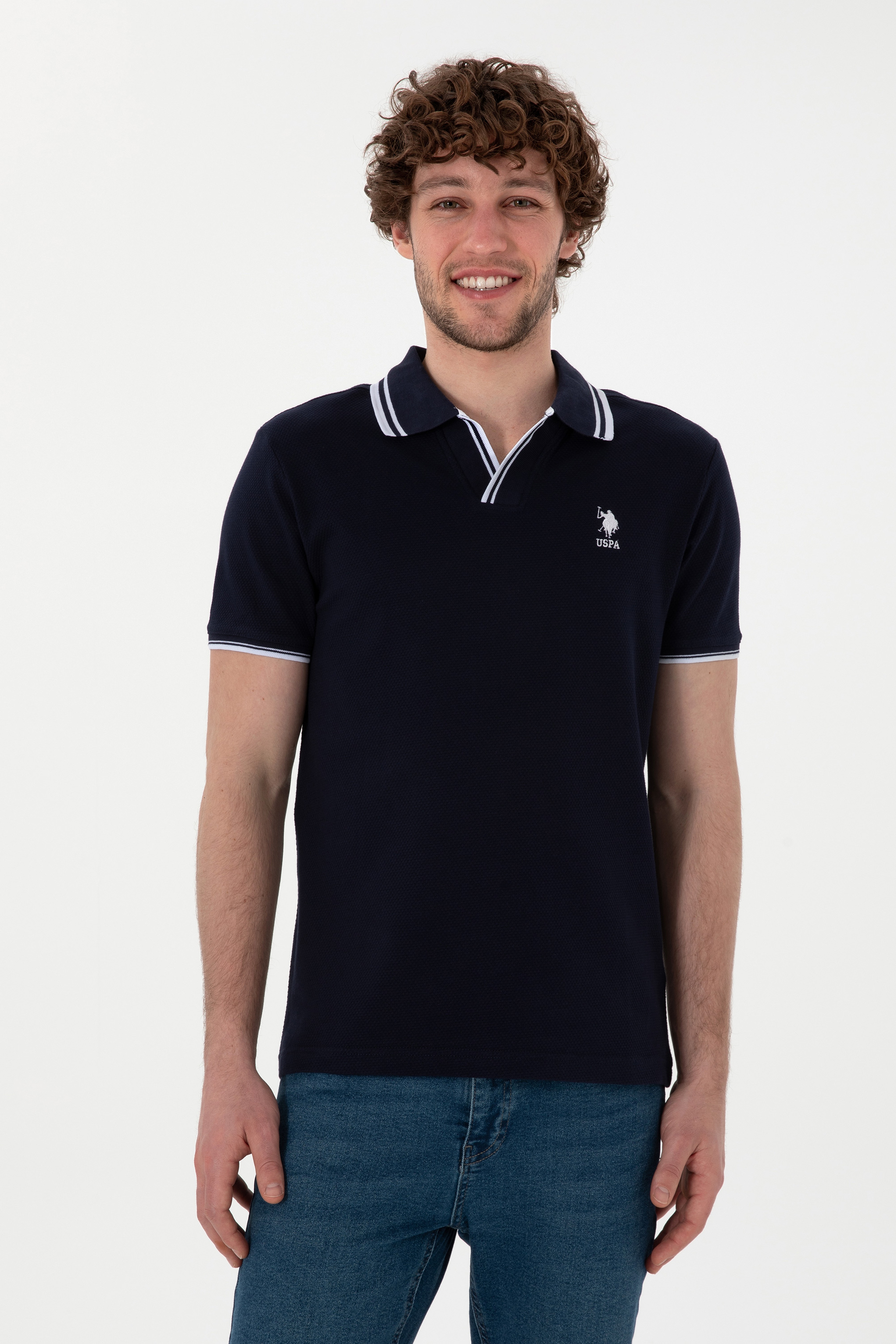 Erkek Slim Fit Polo Yaka Lacivert Tişört - Image 1