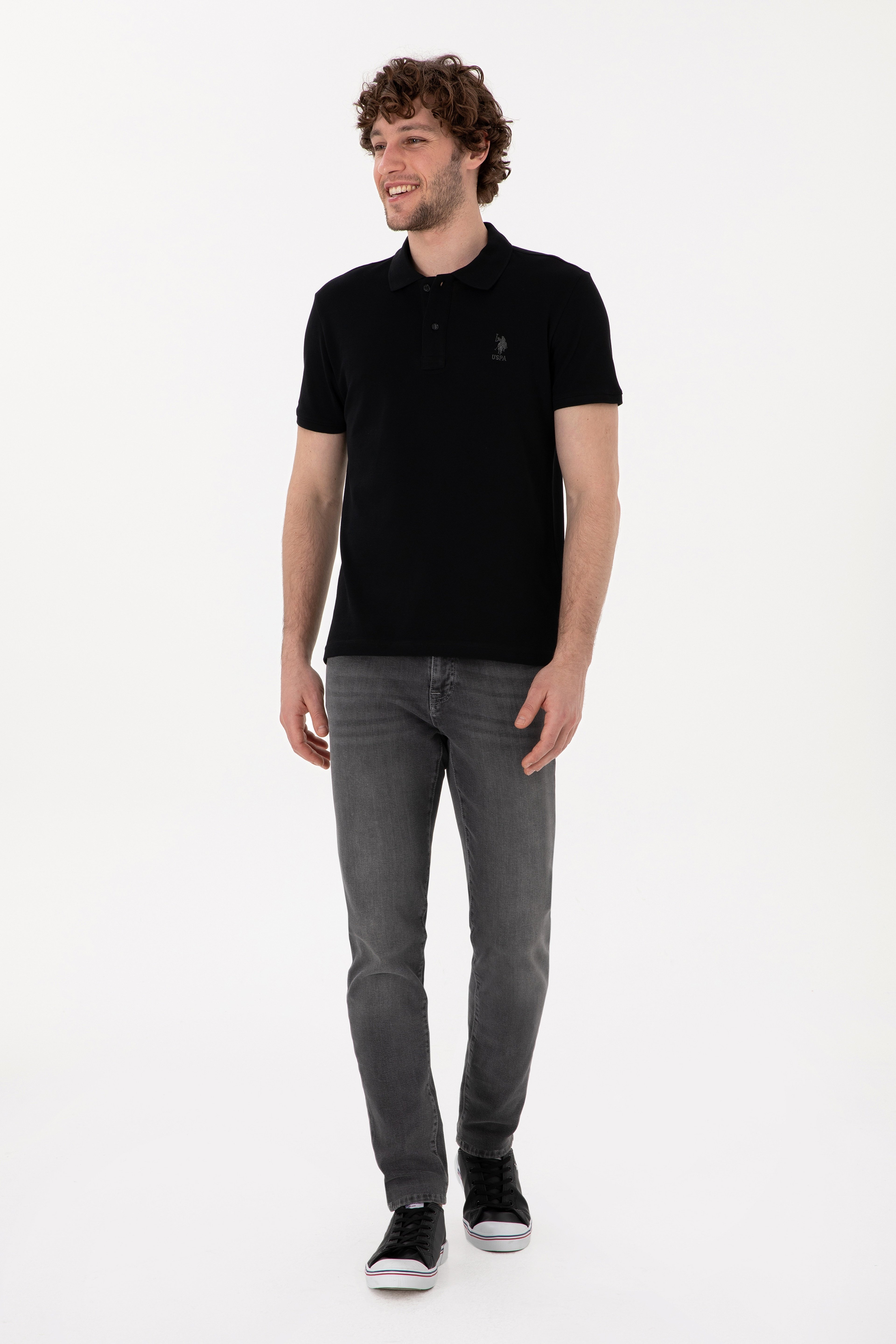 Erkek Slim Fit Polo Yaka Siyah Basic Tişört