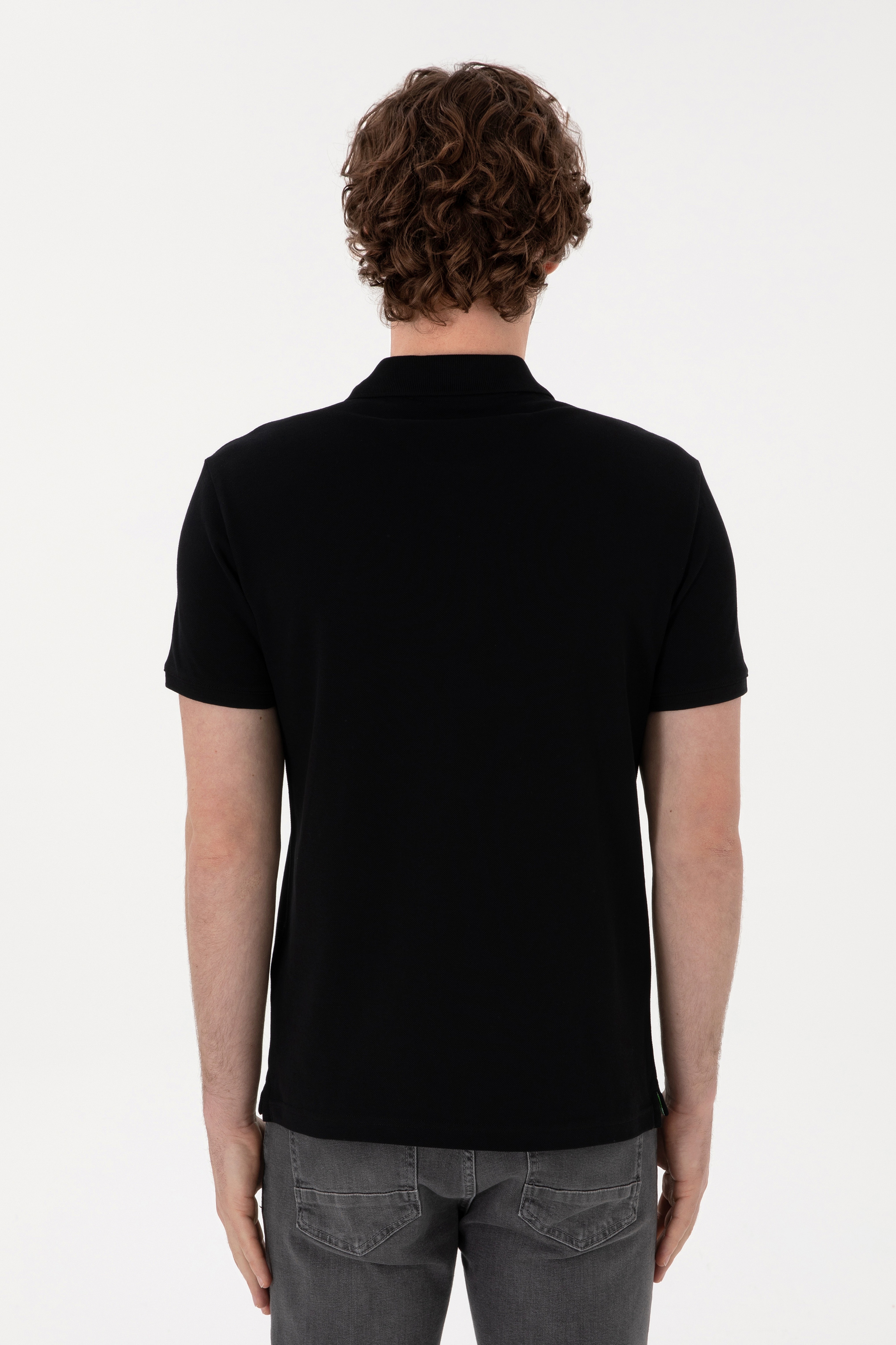 Erkek Slim Fit Polo Yaka Siyah Basic Tişört - Image 5