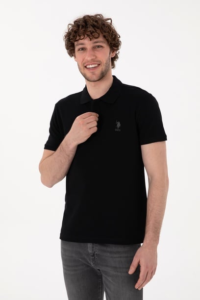 Erkek Slim Fit Polo Yaka Siyah Basic Tişört