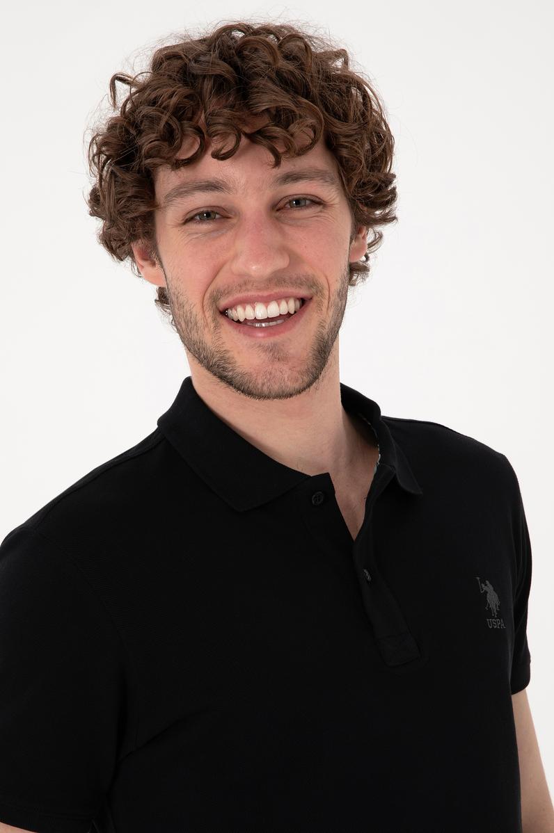 Erkek Slim Fit Polo Yaka Siyah Basic Tişört