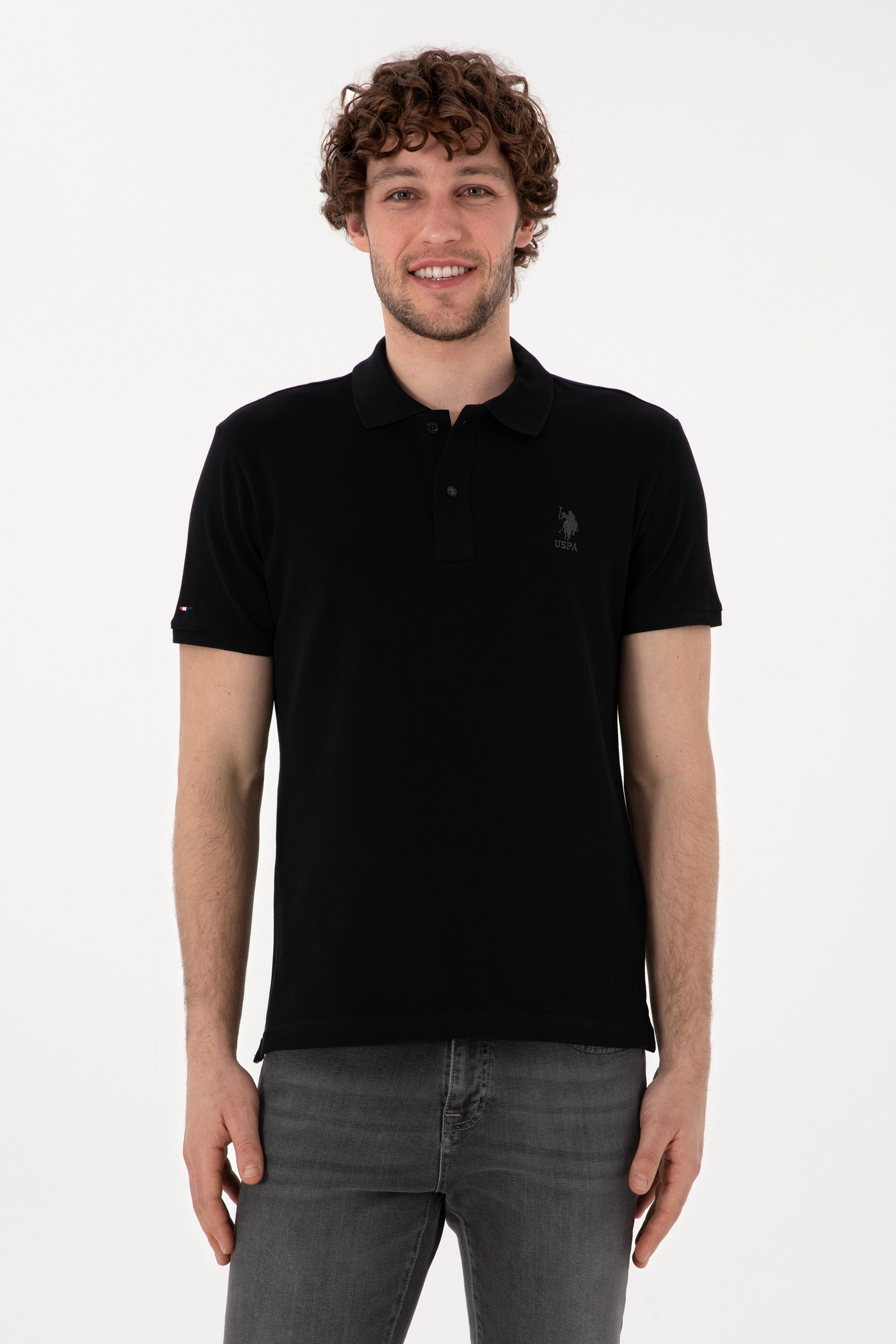 Erkek Slim Fit Polo Yaka Siyah Basic Tişört