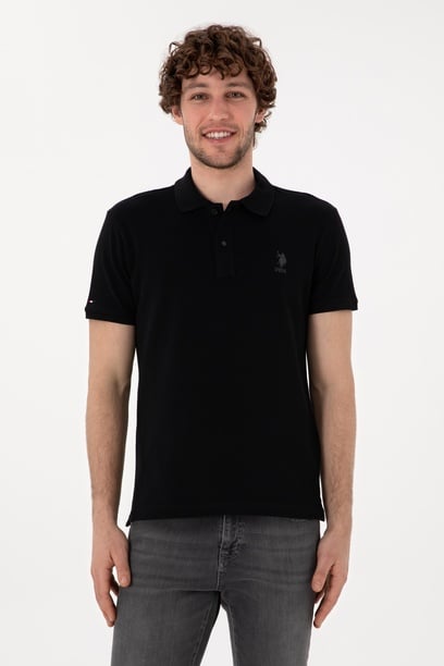 Erkek Slim Fit Polo Yaka Siyah Basic Tişört
