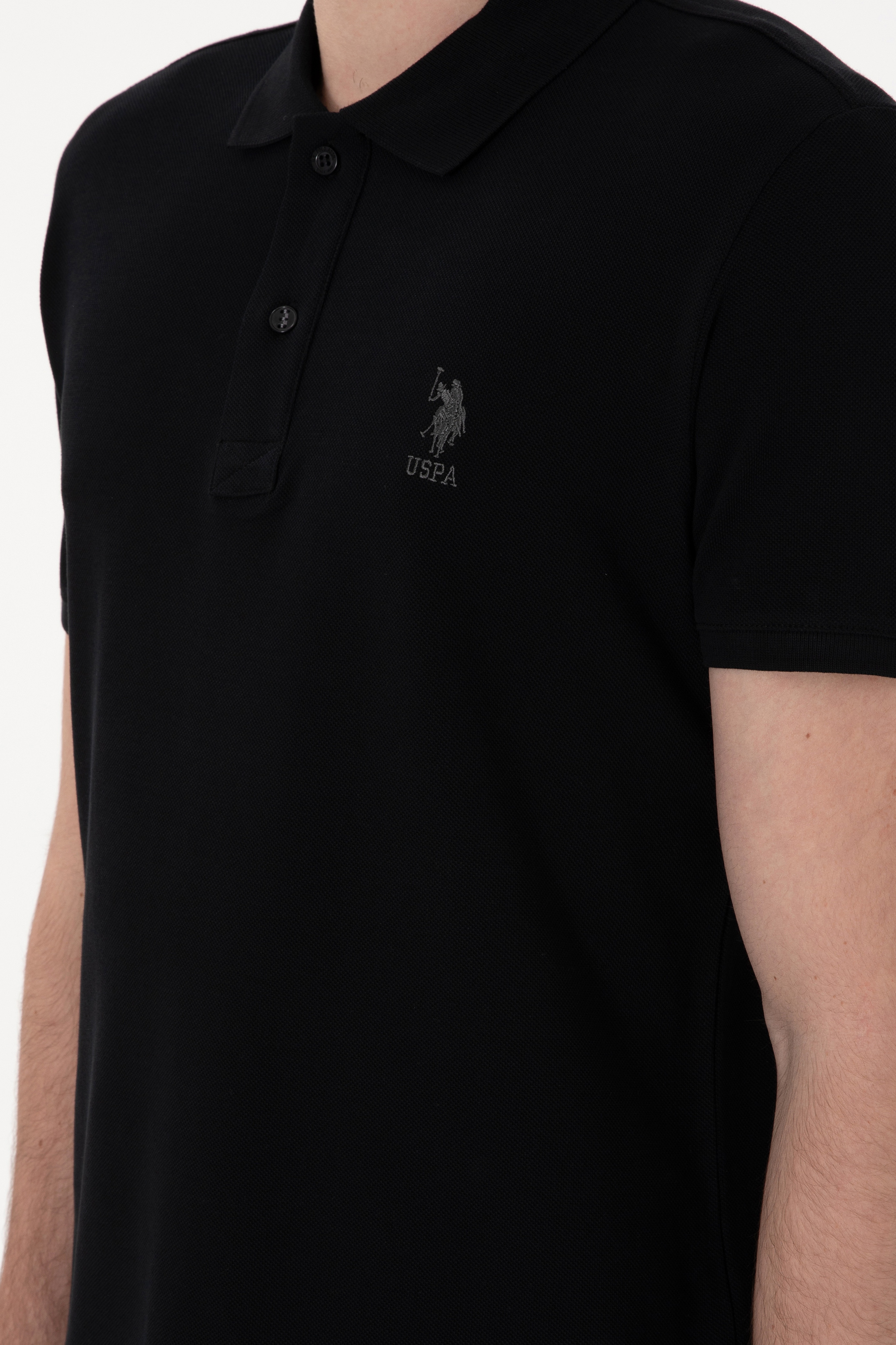 Erkek Slim Fit Polo Yaka Siyah Basic Tişört - Image 7