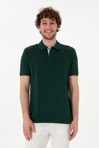 Erkek Regular Fit Polo Yaka Koyu Yeşil Basic Tişört