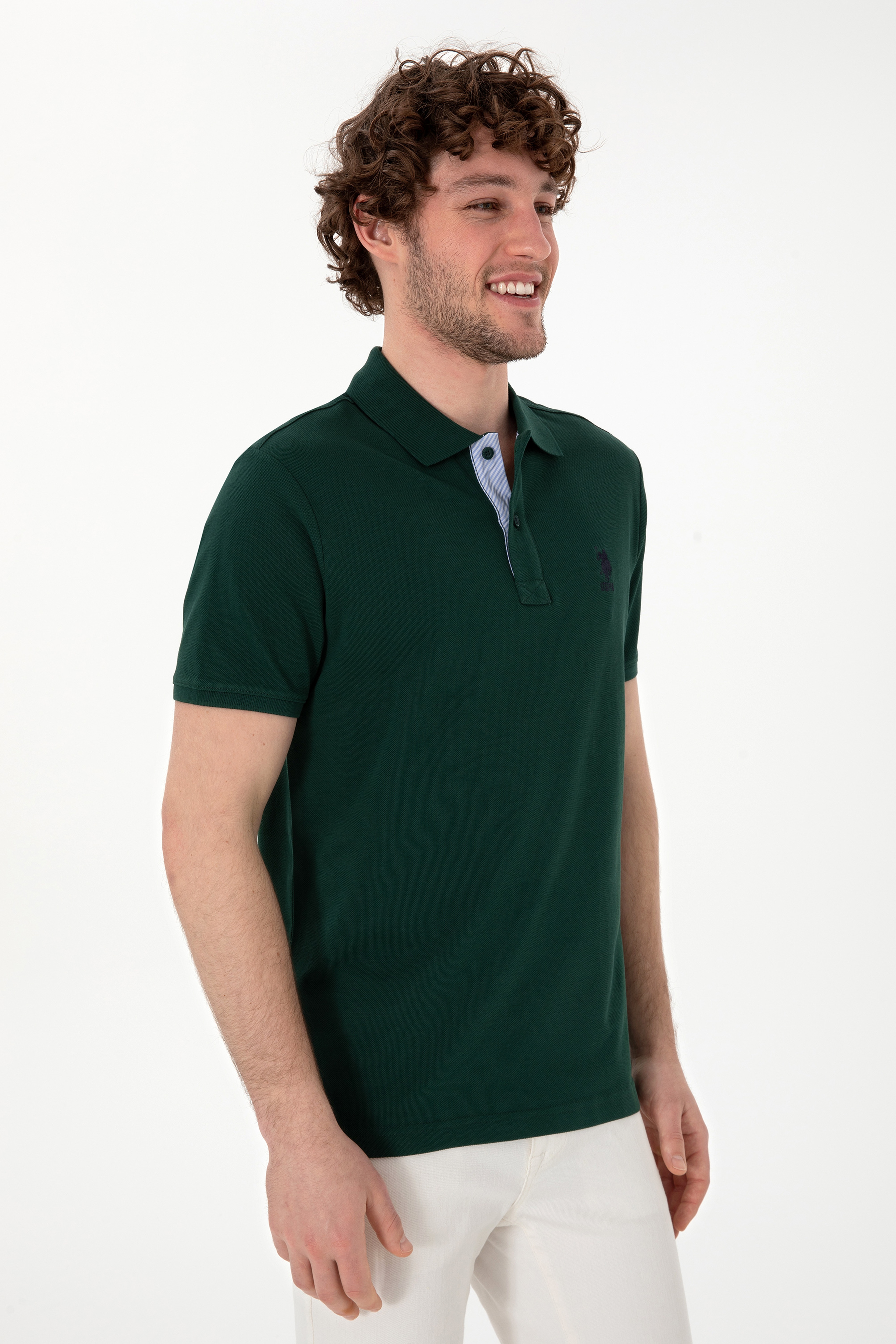 Erkek Regular Fit Polo Yaka Koyu Yeşil Basic Tişört - Image 3