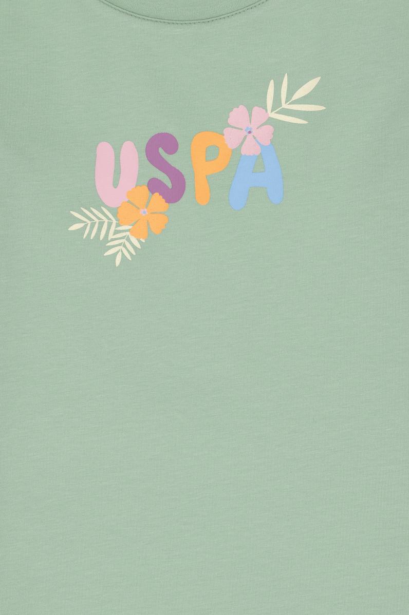 Kız Çocuk Su Yeşili Bisiklet Yaka Çiçek Baskılı Uzun Kol Tişört