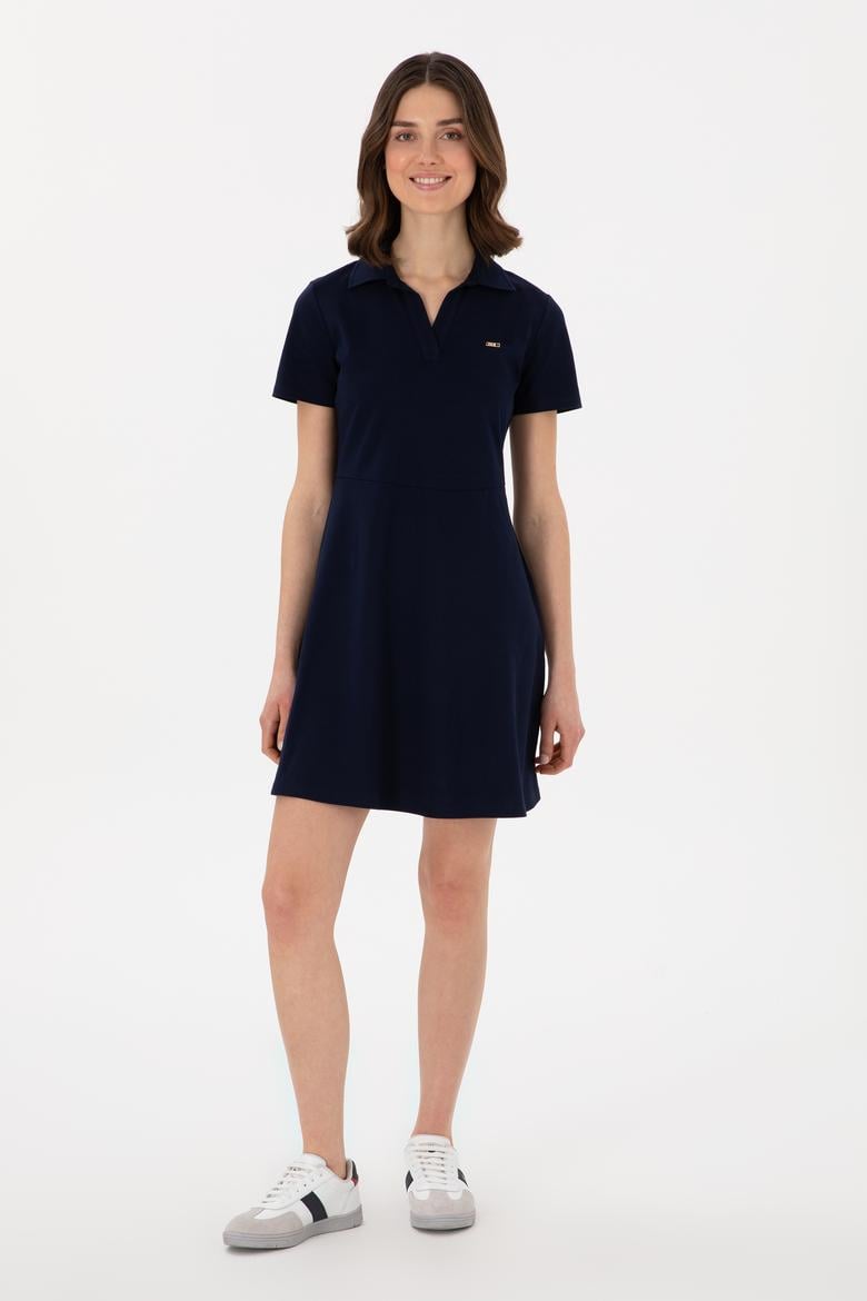 Kadın Lacivert Polo Yaka Mini Boy Örme Elbise