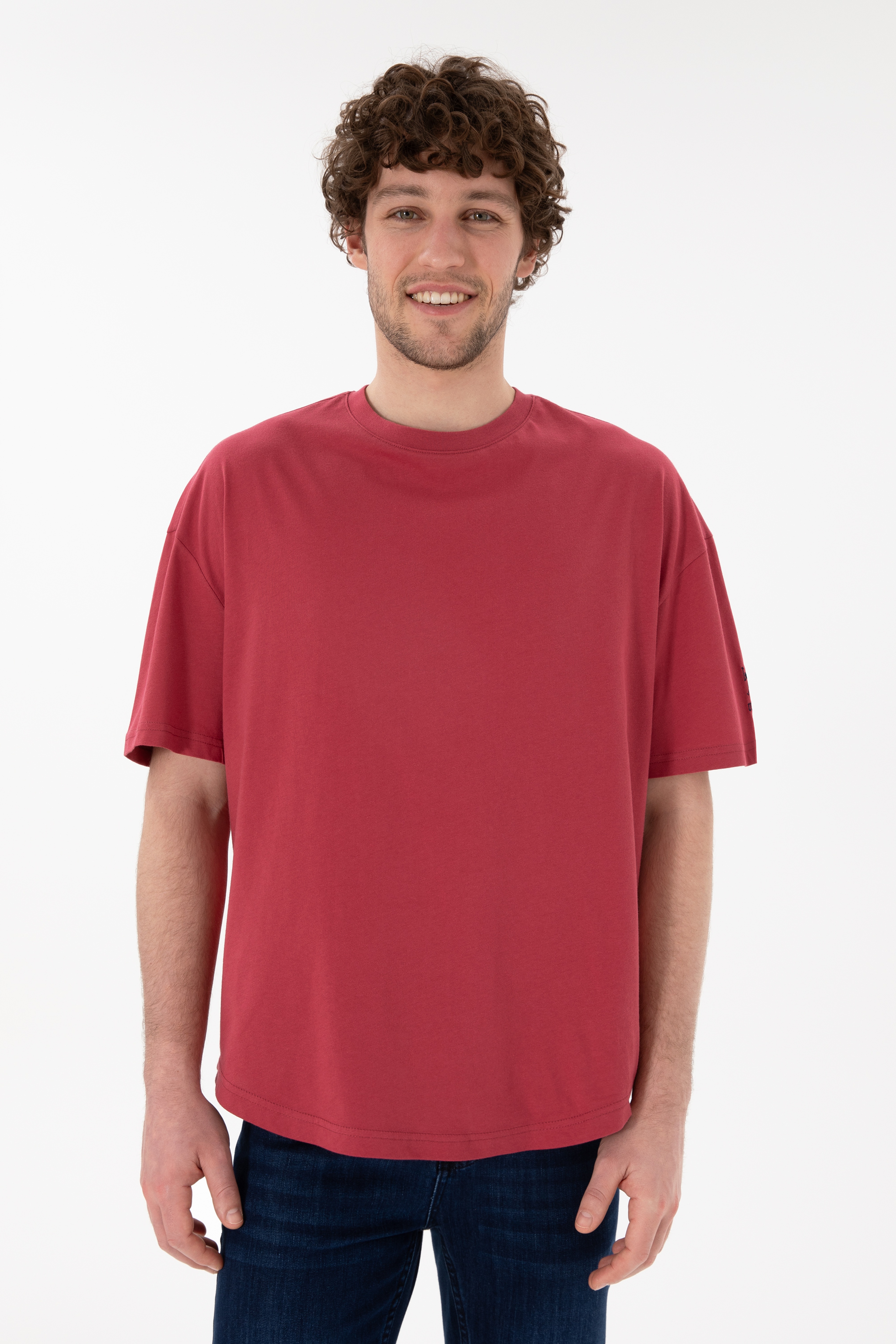 Erkek Long Fit Bisiklet Yaka Vişne Basic Tişört - Image 2