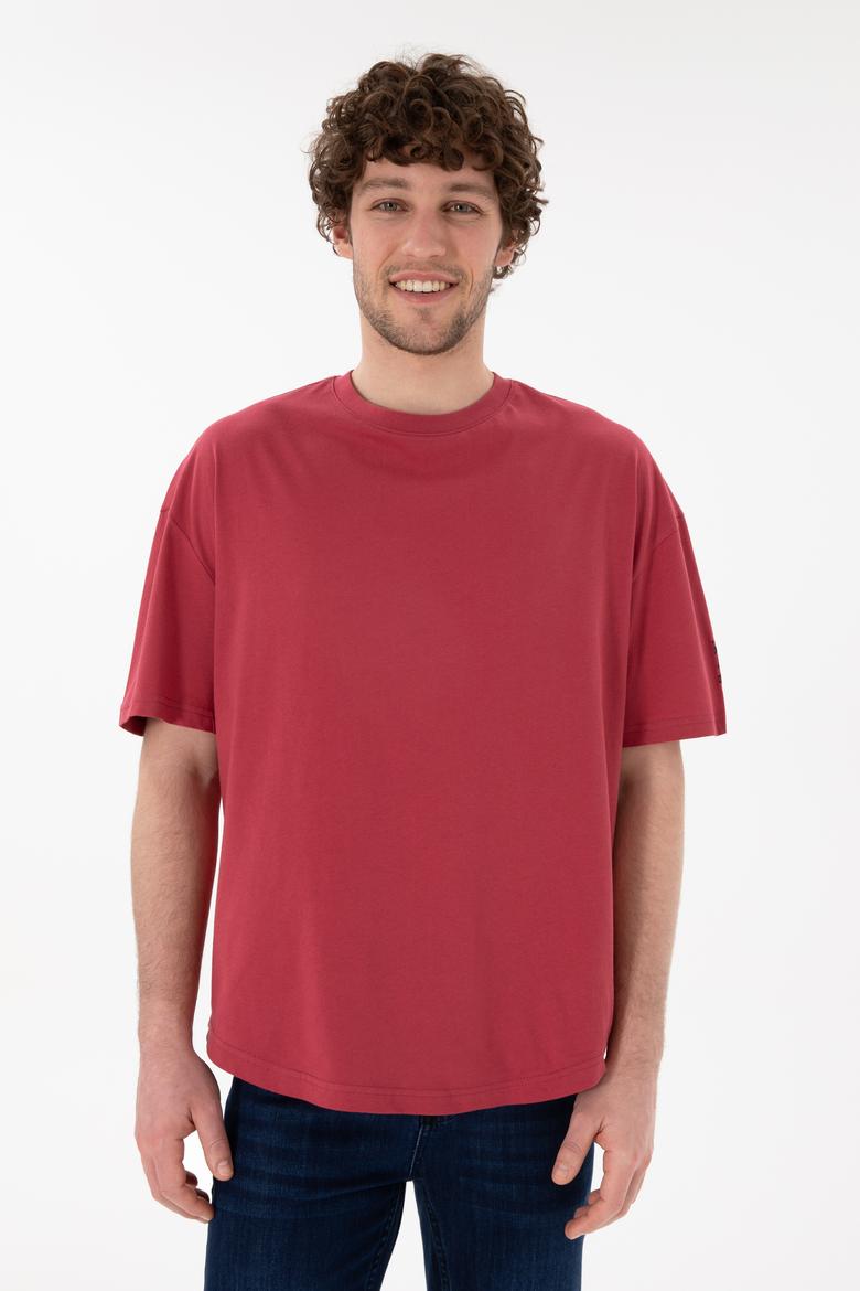 Erkek Long Fit Bisiklet Yaka Vişne Basic Tişört - 50305988078