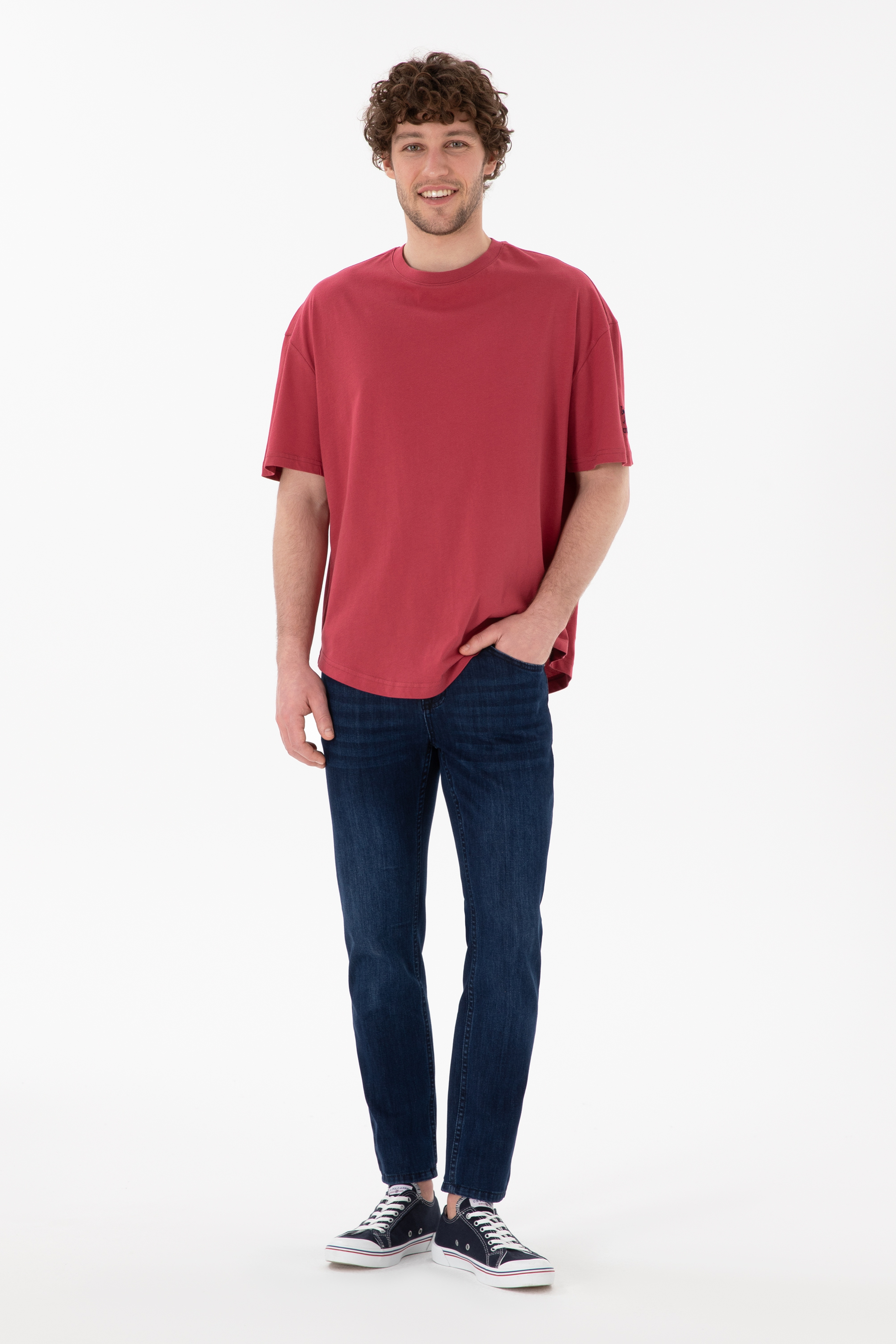 Erkek Long Fit Bisiklet Yaka Vişne Basic Tişört - Image 5