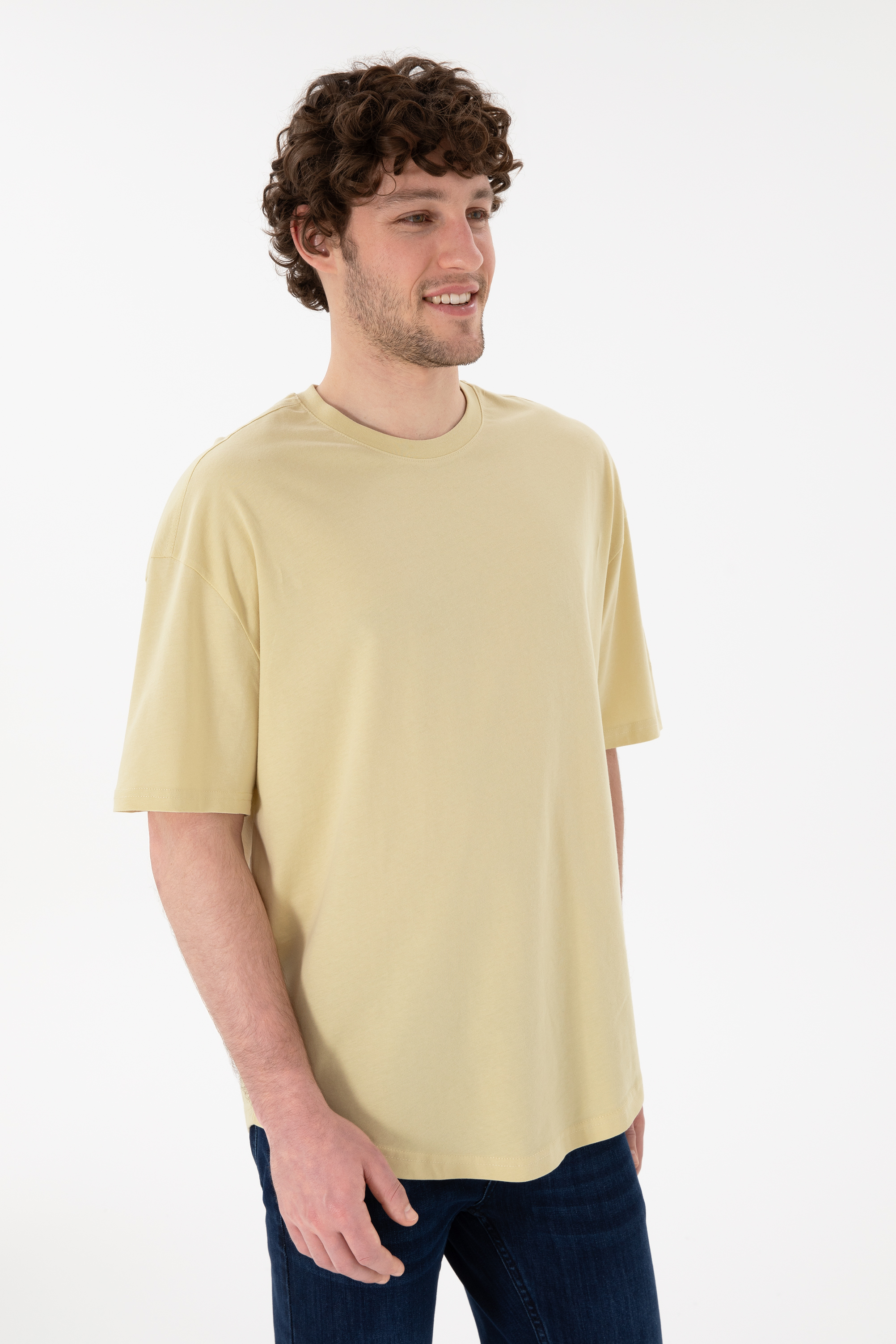 Erkek Long Fit Bisiklet Yaka Açık Haki Basic Tişört - Image 2