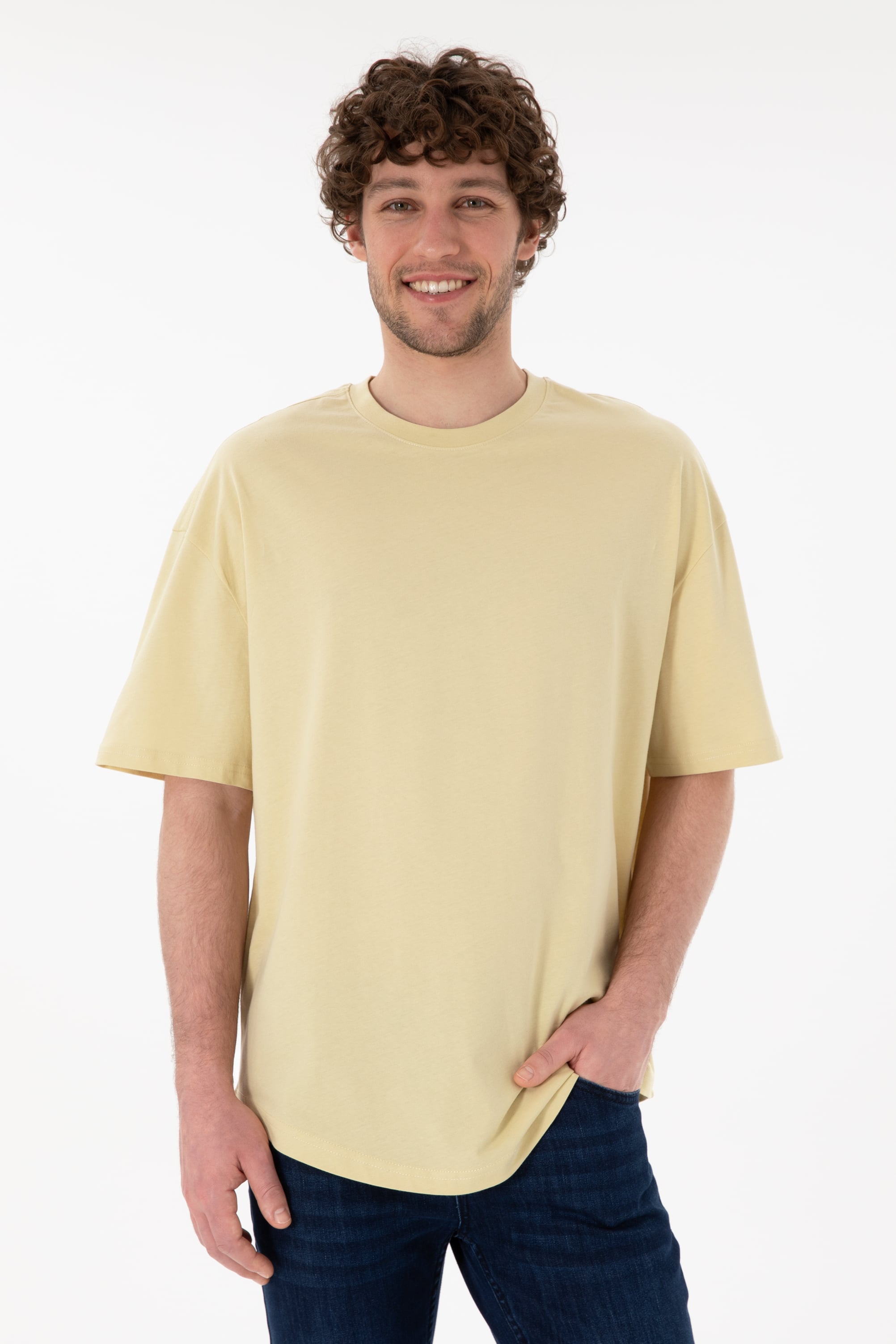 Erkek Long Fit Bisiklet Yaka Açık Haki Basic Tişört - Image 1