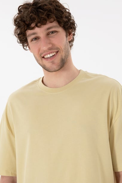 Erkek Long Fit Bisiklet Yaka Açık Haki Basic Tişört