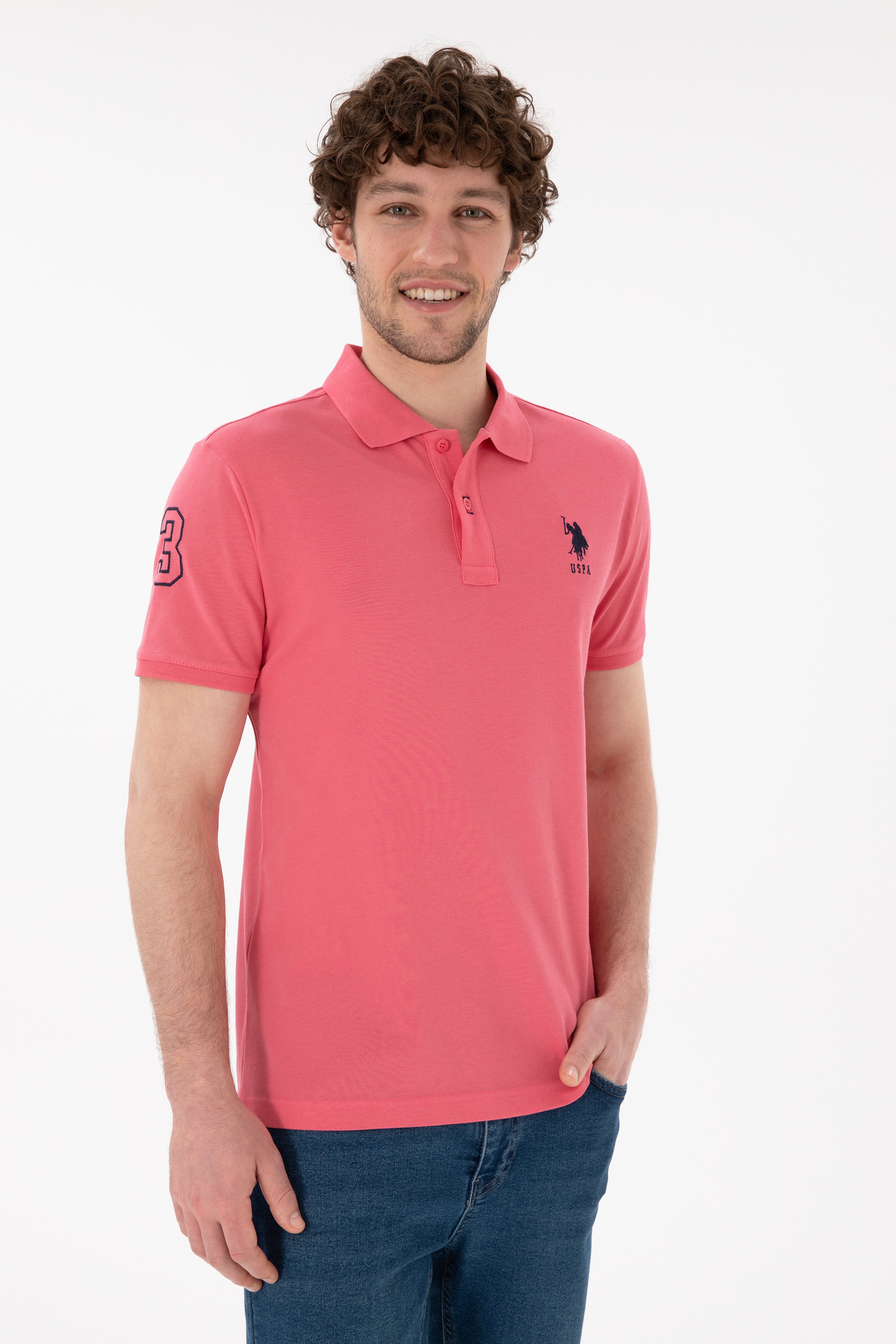 Erkek Slim Fit Polo Yaka Pembe Basic Tişört - Image 4