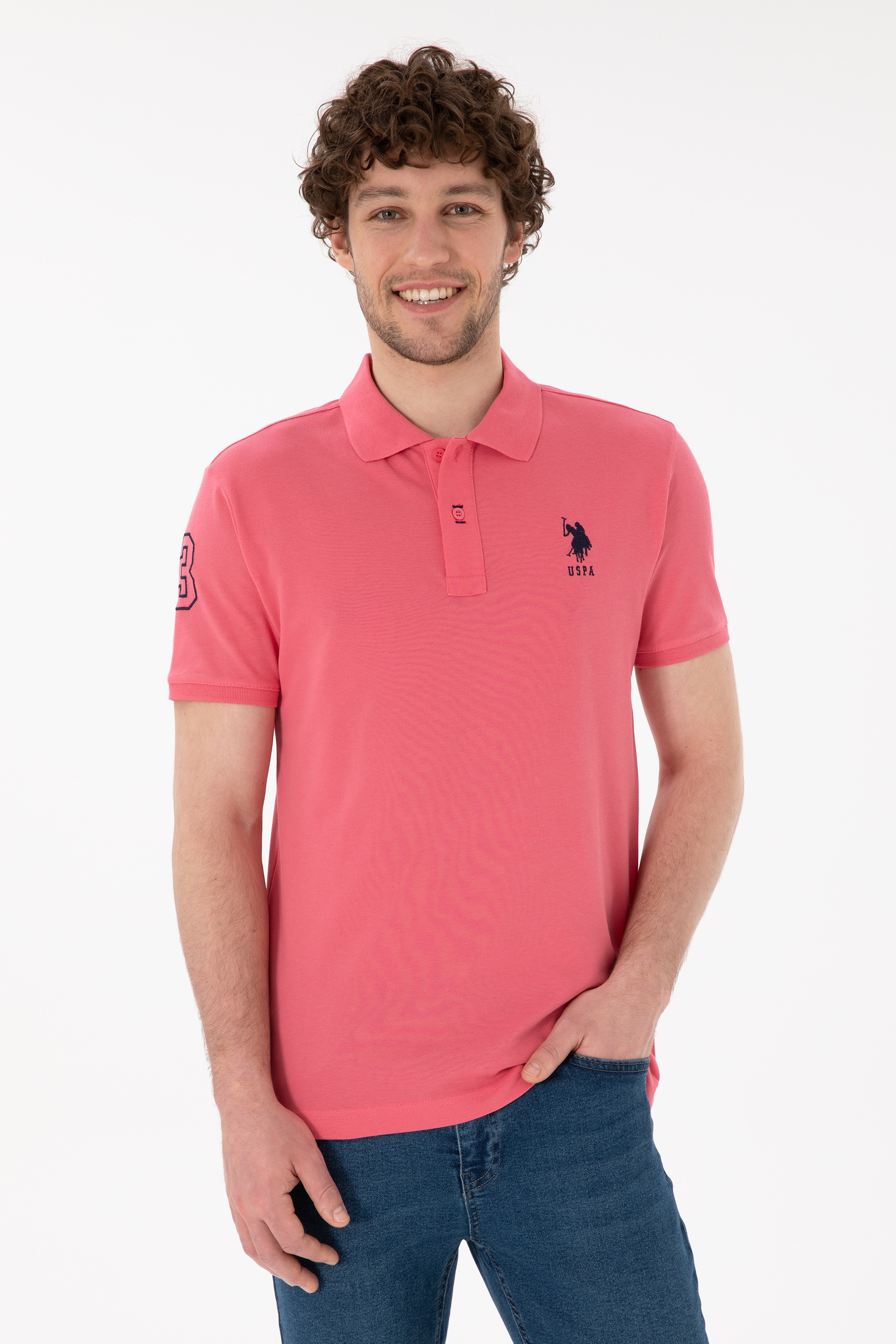 Erkek Slim Fit Polo Yaka Pembe Basic Tişört - Image 1