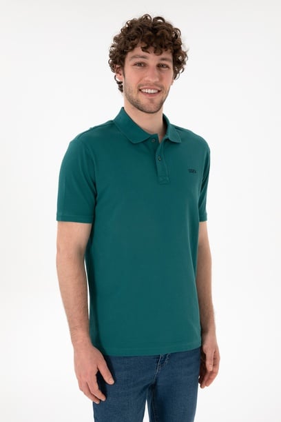 Erkek Regular Fit Polo Yaka Koyu Yeşil Basic Tişört