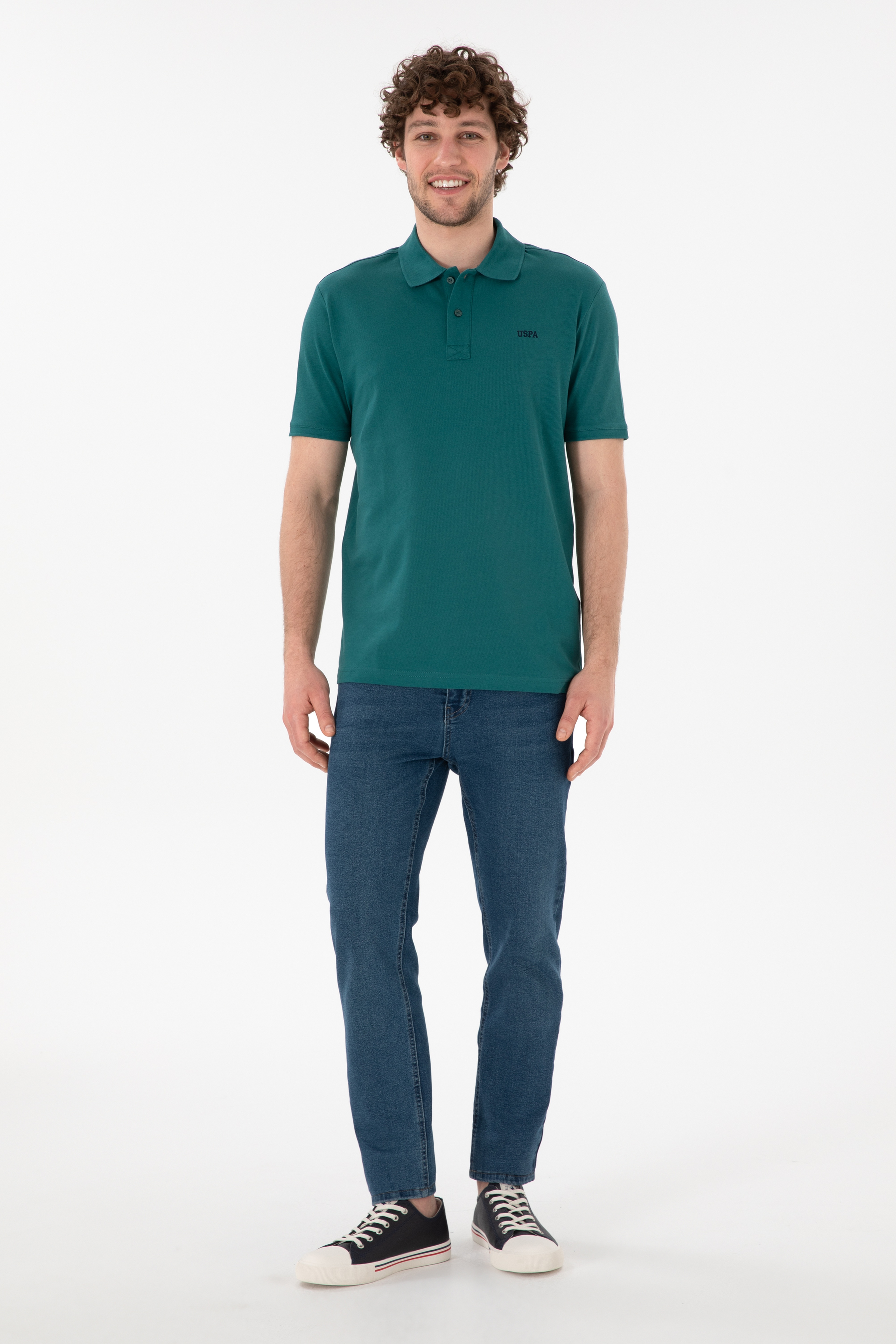 Erkek Regular Fit Polo Yaka Koyu Yeşil Basic Tişört