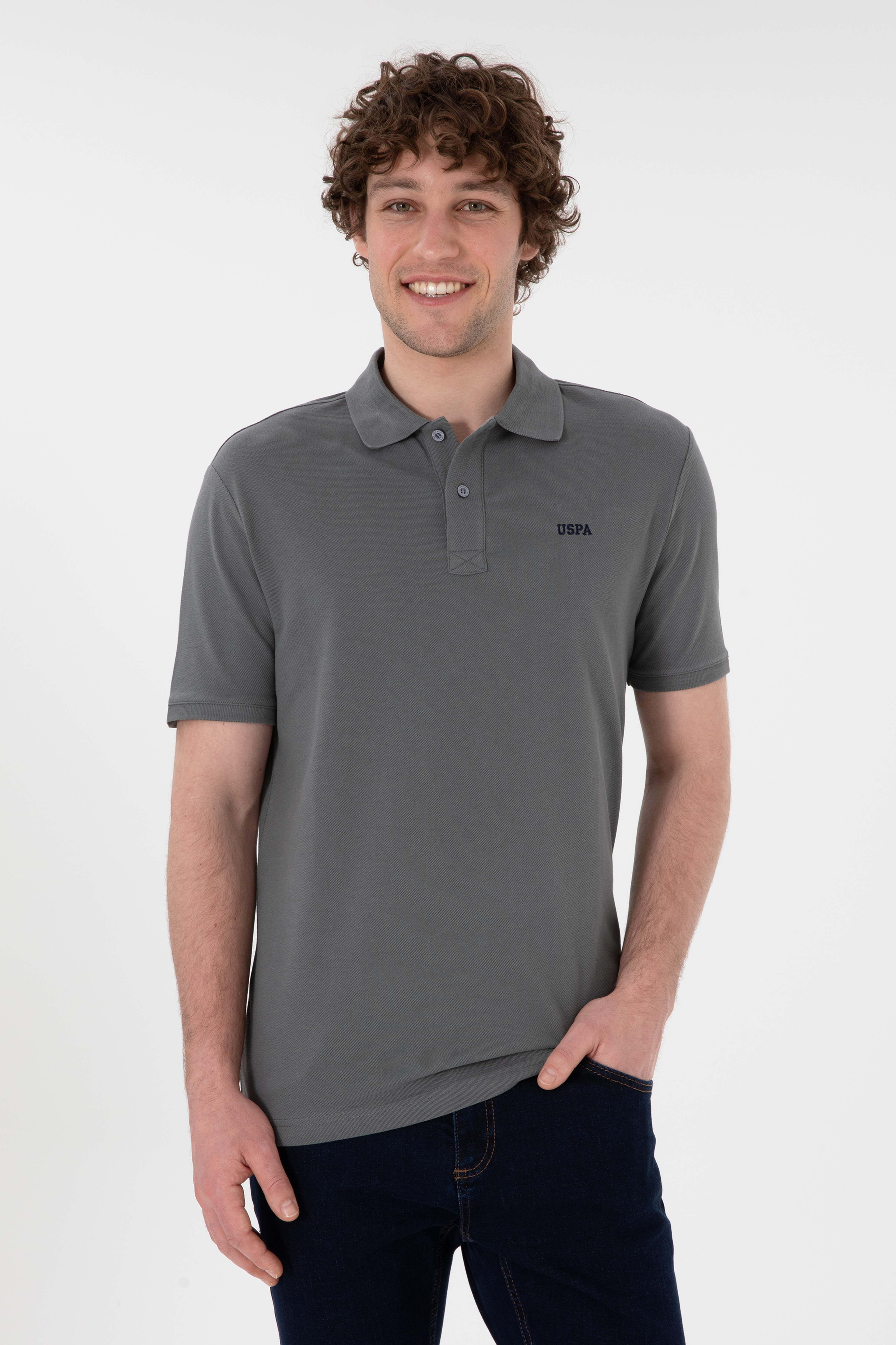 Erkek Regular Fit Polo Yaka Gri Basic Tişört - Image 1