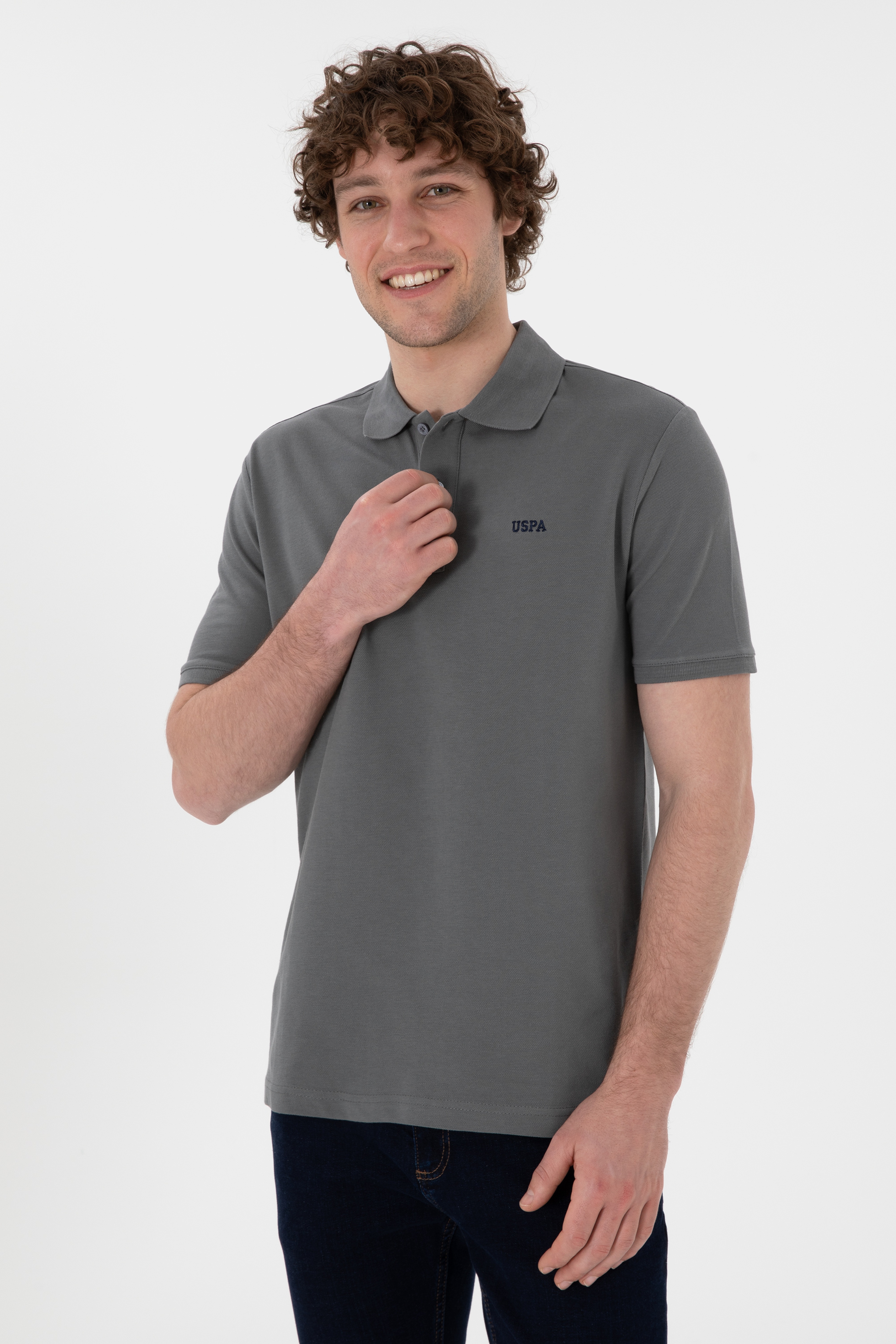 Erkek Regular Fit Polo Yaka Gri Basic Tişört