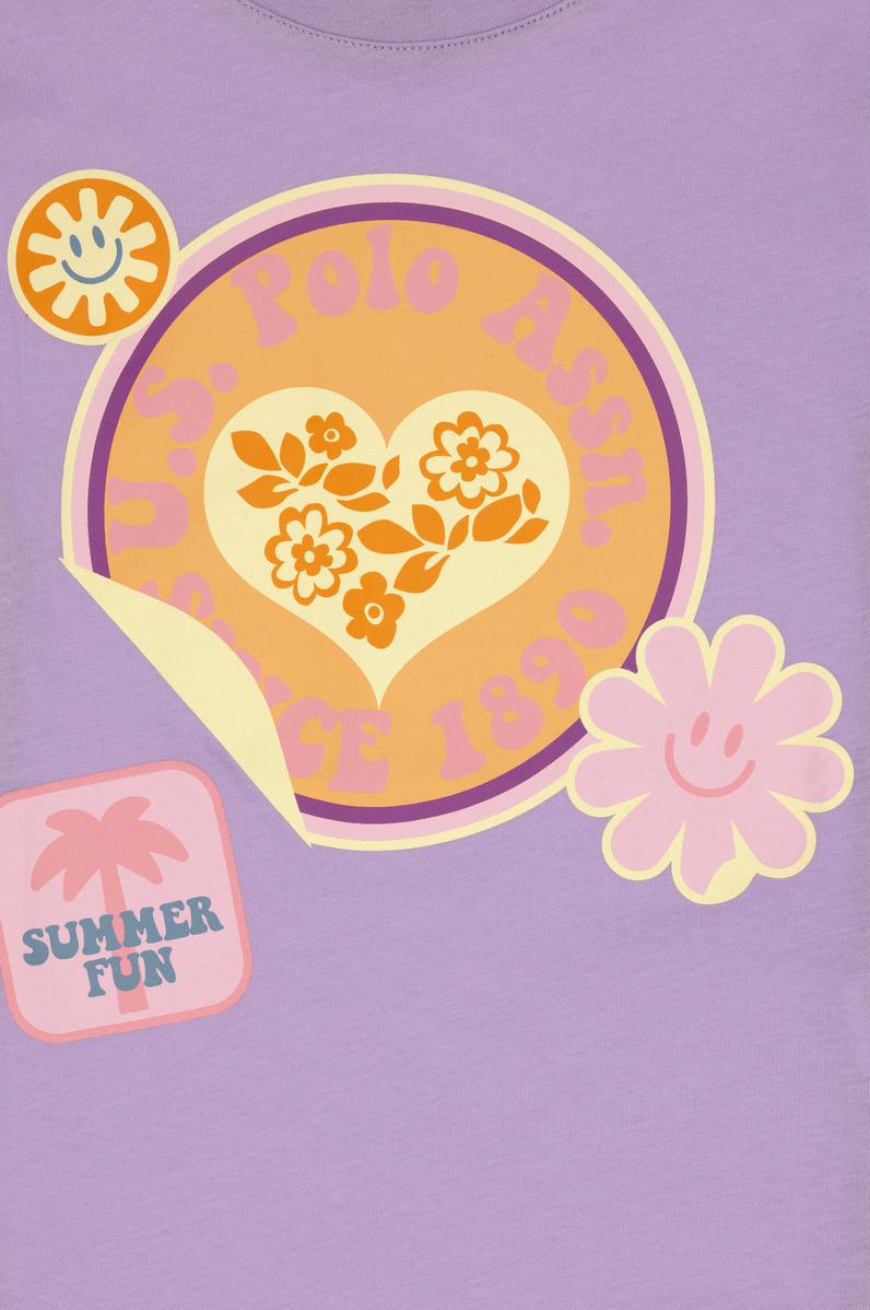 Kız Çocuk Lila Bisiklet Yaka Baskılı Pamuk Tişört