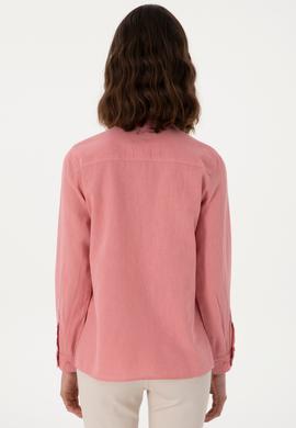Kadın Pembe Keten Karışımlı Uzun Kollu Basic Gömlek - 50298098107