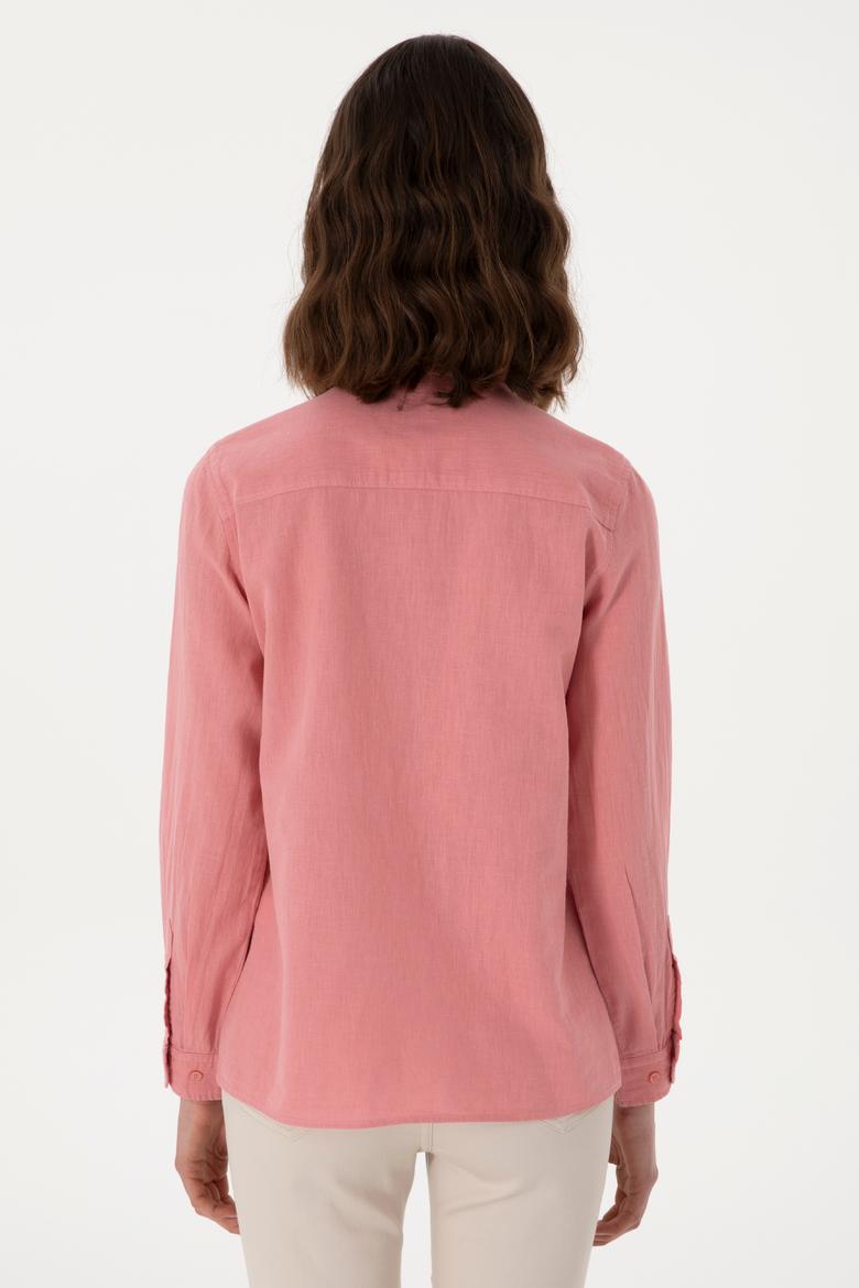 Kadın Pembe Keten Karışımlı Uzun Kollu Basic Gömlek - 50298098107