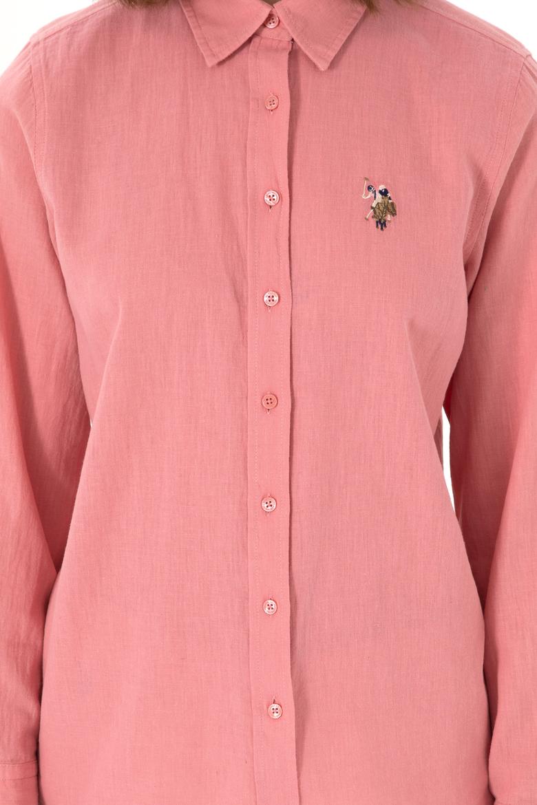 Kadın Pembe Keten Karışımlı Uzun Kollu Basic Gömlek - 50298098107