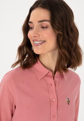 Kadın Pembe Keten Karışımlı Uzun Kollu Basic Gömlek - 50298098107