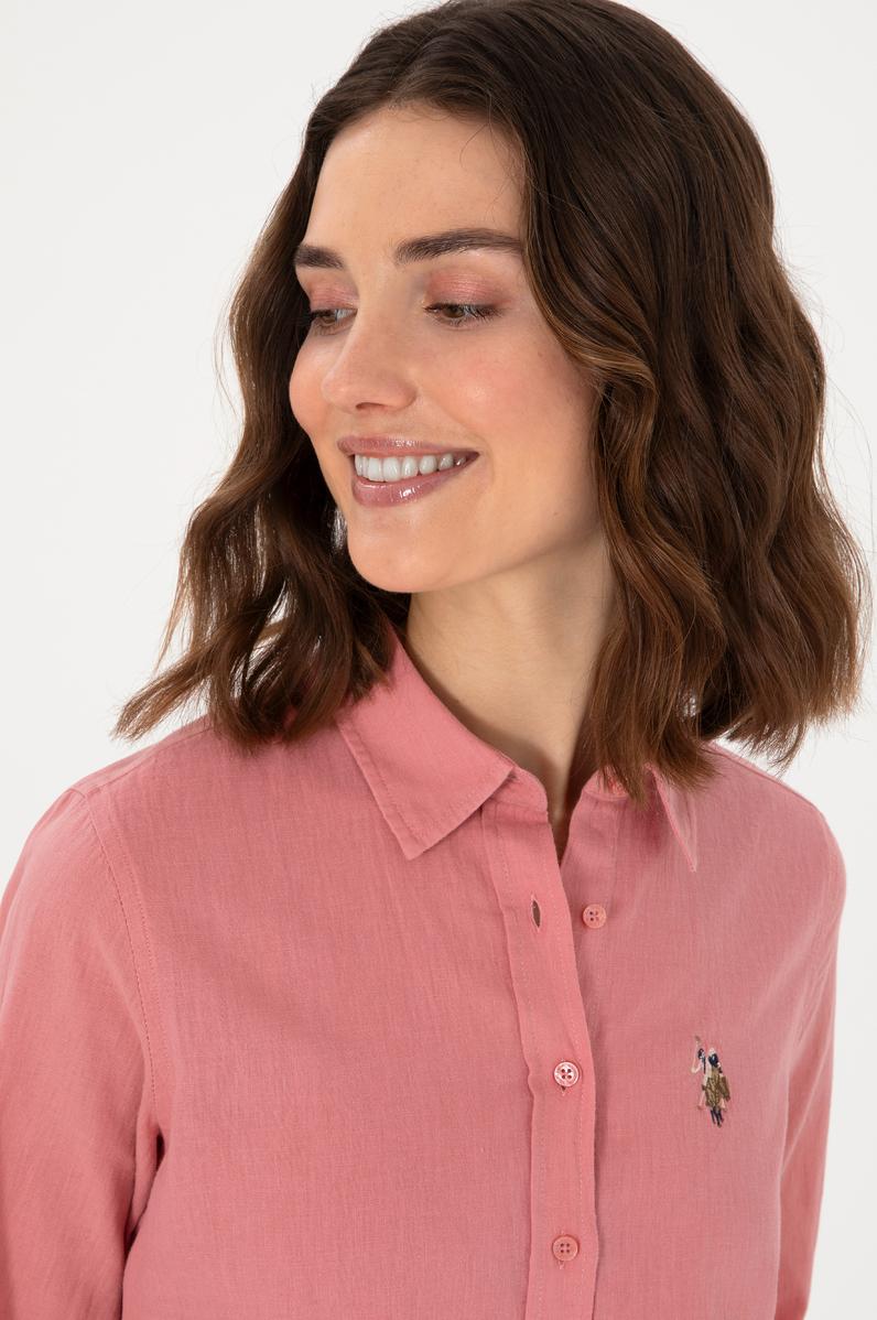 Kadın Pembe Keten Karışımlı Uzun Kollu Basic Gömlek